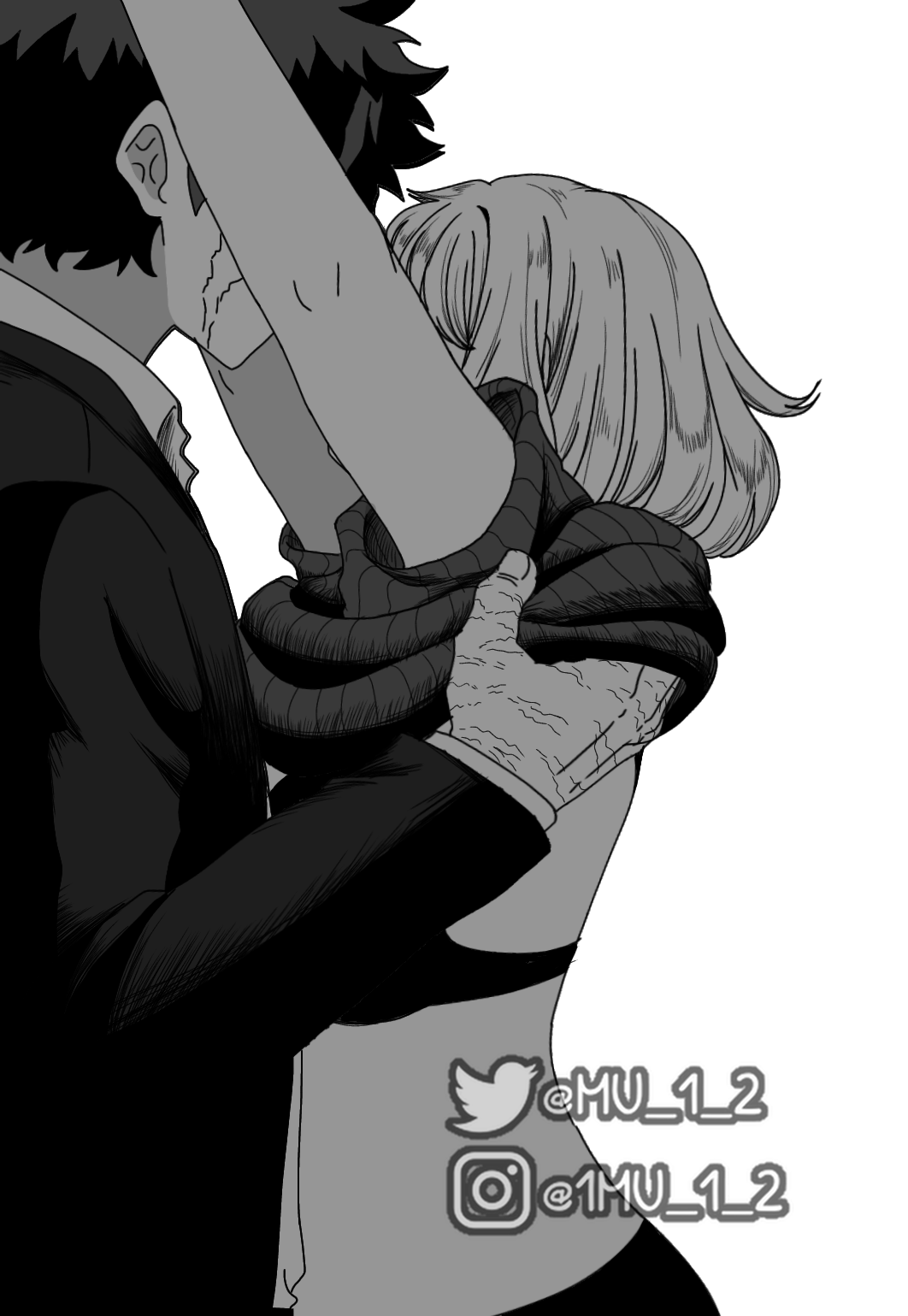 mu 1 2, midoriya izuku, uraraka ochako, boku no hero academia, commentary, english commentary, highres, 1boy, 1girl, bra, clothes lift, facial scar, formal clothes, greyscale, height difference, instagram username, jacket, lifting another's clothes, monochrome, panties, ribbed shirt, scar, scar on cheek, scar on face, scar on hand, shirt, shirt lift, suit, twitter username, underwear, watermark