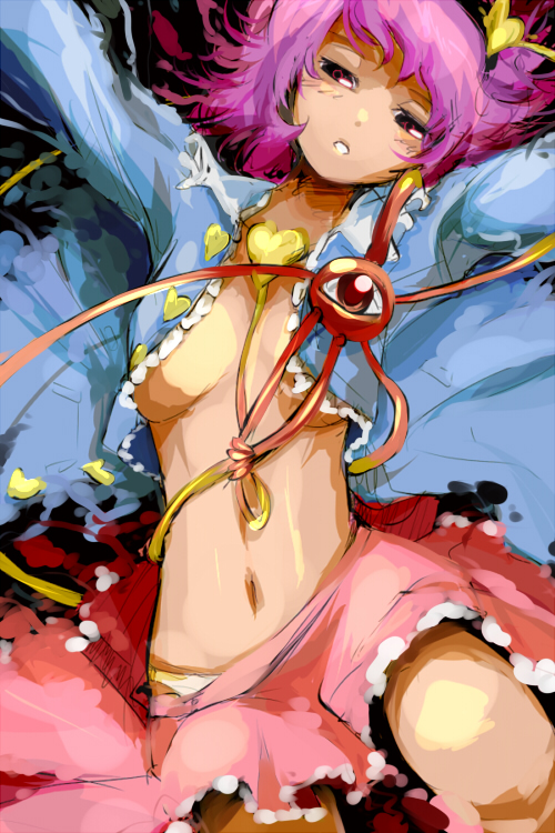 oso (toolate), komeiji satori, touhou, 1girl, breasts, cleavage, female focus, heart, large breasts, lying, navel, open clothes, open shirt, panties, pink eyes, pink hair, purple hair, red eyes, shirt, short hair, skirt, solo, underwear