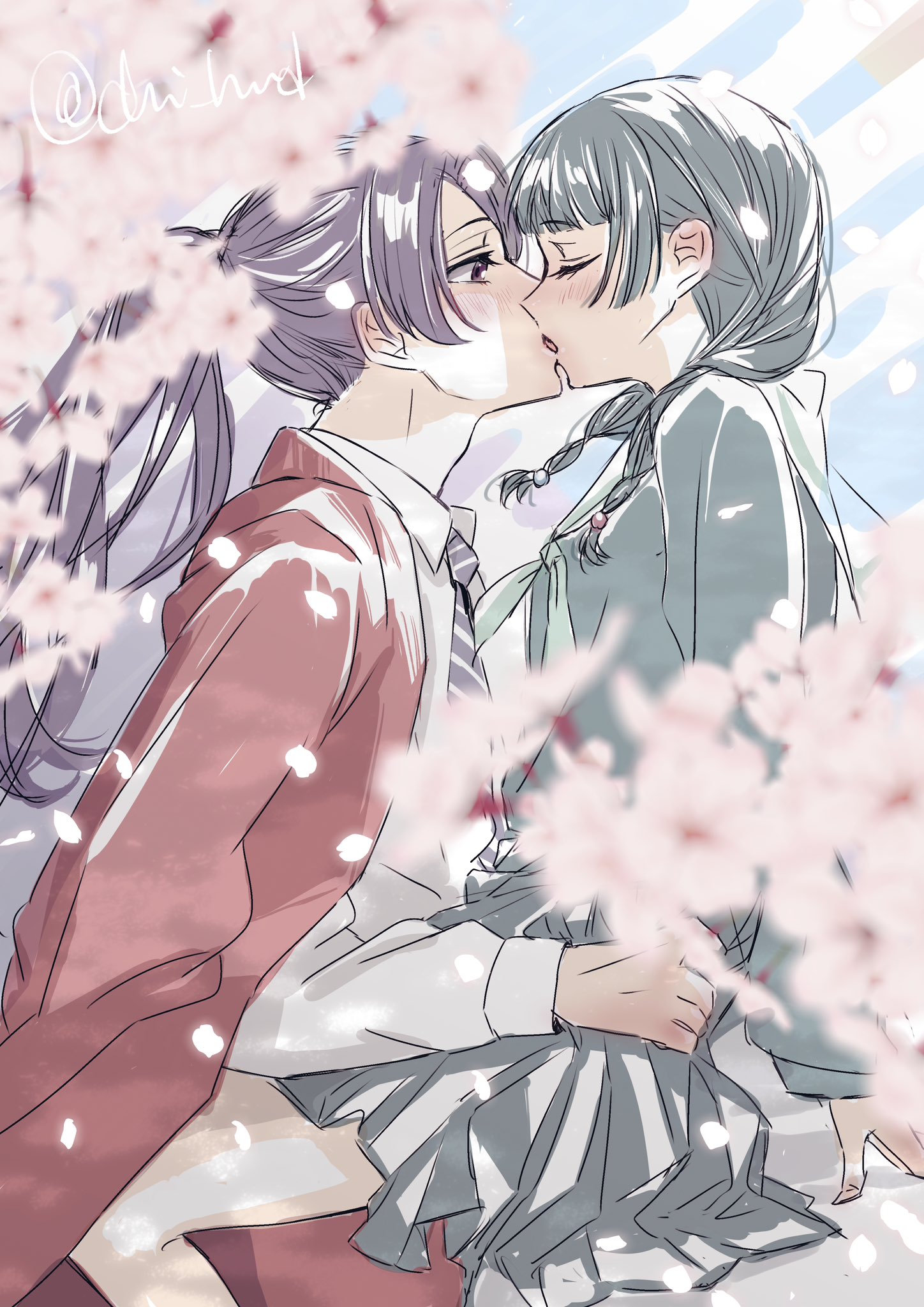 chii (chi hrd), jinshi (kusuriya no hitorigoto), maomao (kusuriya no hitorigoto), kusuriya no hitorigoto, highres, 1boy, 1girl, beads, black necktie, blunt bangs, blush, cherry blossoms, closed eyes, collared shirt, couple, green hair, grey serafuku, grey skirt, hair beads, hair ornament, hetero, jacket, jacket on shoulders, kiss, long hair, looking at another, necktie, parted bangs, pleated skirt, ponytail, purple hair, red jacket, school uniform, serafuku, shirt, sidelocks, skirt, striped necktie, twitter username