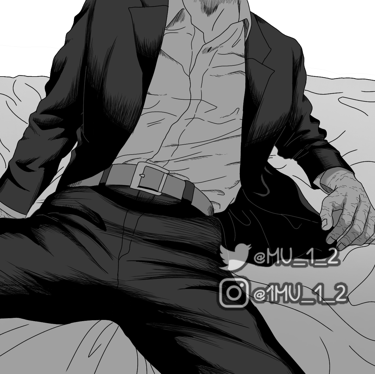 mu 1 2, midoriya izuku, boku no hero academia, commentary, english commentary, highres, 1boy, belt, formal clothes, greyscale, head out of frame, instagram username, jacket, male focus, monochrome, necktie, pants, scar, scar on hand, sitting, solo, spread legs, suit, suit jacket, twitter username, watermark