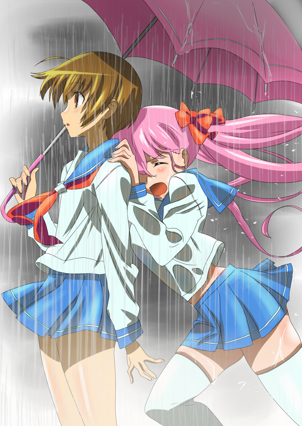 mas (5734ghji), haramura nodoka, miyanaga saki, saki (manga), highres, 00s, blush, bow, brown eyes, brown hair, closed eyes, hair bow, long hair, open mouth, pink hair, rain, school uniform, serafuku, short hair, thighhighs, twintails, umbrella, white thighhighs, zettai ryouiki