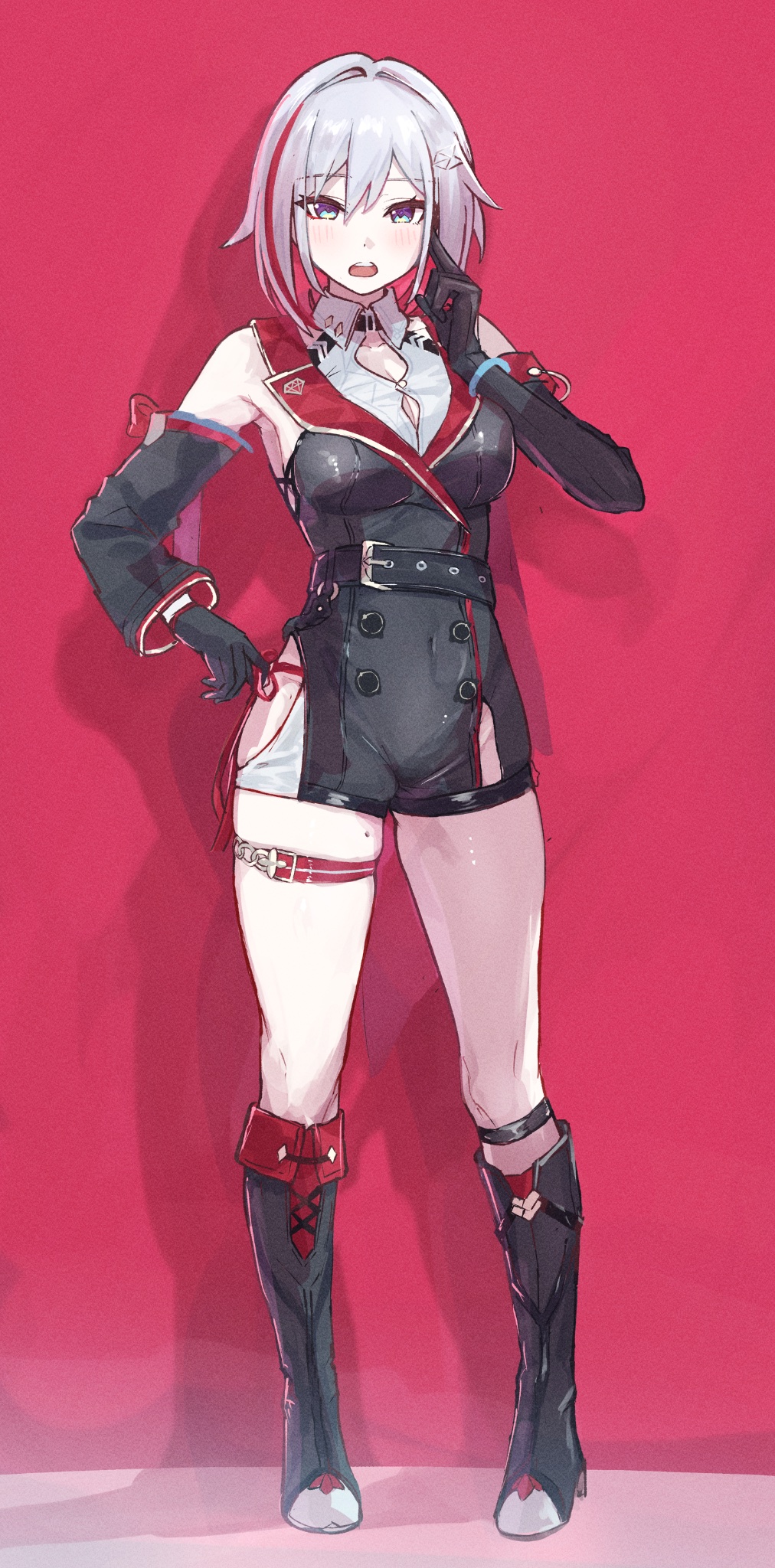 sanshoku dango (shukosuko), topaz (honkai: star rail), honkai: star rail, honkai (series), highres, 1girl, bare shoulders, belt, black boots, black gloves, blue eyes, blush, boots, breasts, detached sleeves, elbow gloves, gloves, high heel boots, high heels, large breasts, looking at viewer, multicolored hair, red background, red hair, short hair, solo, white hair