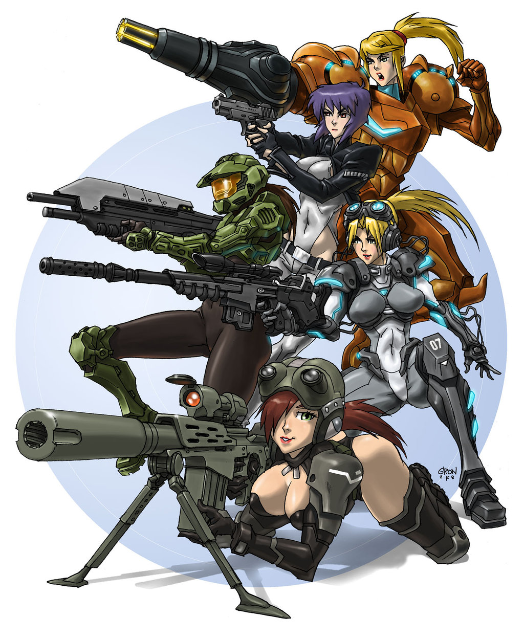 s2ka, ghost (starcraft), kelly 087, kusanagi motoko, nicole-458, nova (starcraft), november terra, samus aran, ghost in the shell, halo (game), halo (series), killzone, metroid, nintendo, starcraft, highres, 5girls, arm cannon, armor, battle rifle, breasts, bullpup, cleavage, crossover, directed-energy weapon, energy cannon, energy weapon, gun, halo, large breasts, made in 2008, multiple girls, power armor, power suit (metroid), rifle, rifling, skin tight, sniper rifle, underboob, varia suit, weapon