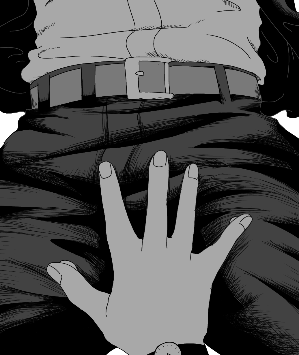 mu 1 2, midoriya izuku, uraraka ochako, boku no hero academia, commentary, english commentary, highres, 1boy, 1girl, belt, female pov, greyscale, groping, hand on another's crotch, hetero, jacket, monochrome, pants, pov, pov hands, shirt, watch, wristwatch
