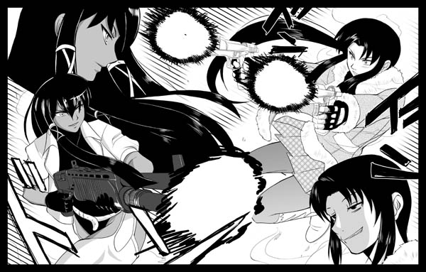 revy (black lagoon), tatsumiya mana, black lagoon, mahou sensei negima!, 00s, crossover, firing, gun, monochrome, weapon