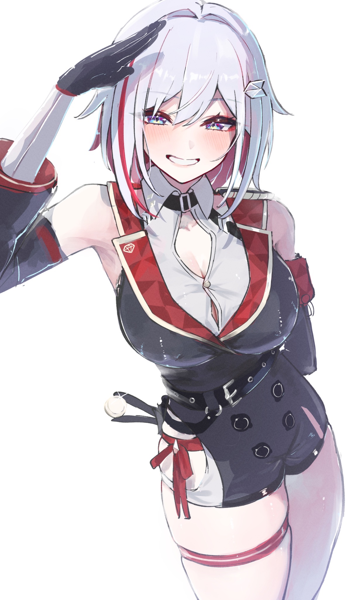 sanshoku dango (shukosuko), topaz (honkai: star rail), honkai: star rail, honkai (series), highres, 1girl, bare shoulders, belt, black boots, black gloves, blue eyes, blush, boots, breasts, detached sleeves, elbow gloves, gloves, high heel boots, high heels, large breasts, looking at viewer, multicolored hair, red hair, short hair, smile, solo, white hair