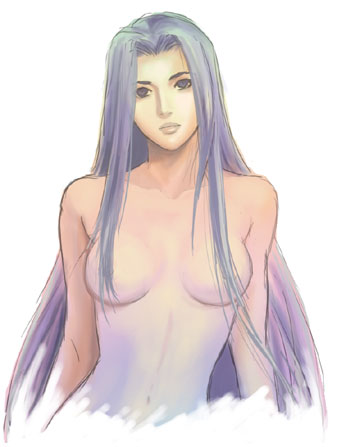 miang hawwa, xenogears, artist request, lowres, 1girl, black eyes, blue hair, breasts, collarbone, female focus, hair over breasts, long hair, looking at viewer, medium breasts, navel, nude, solo, white background