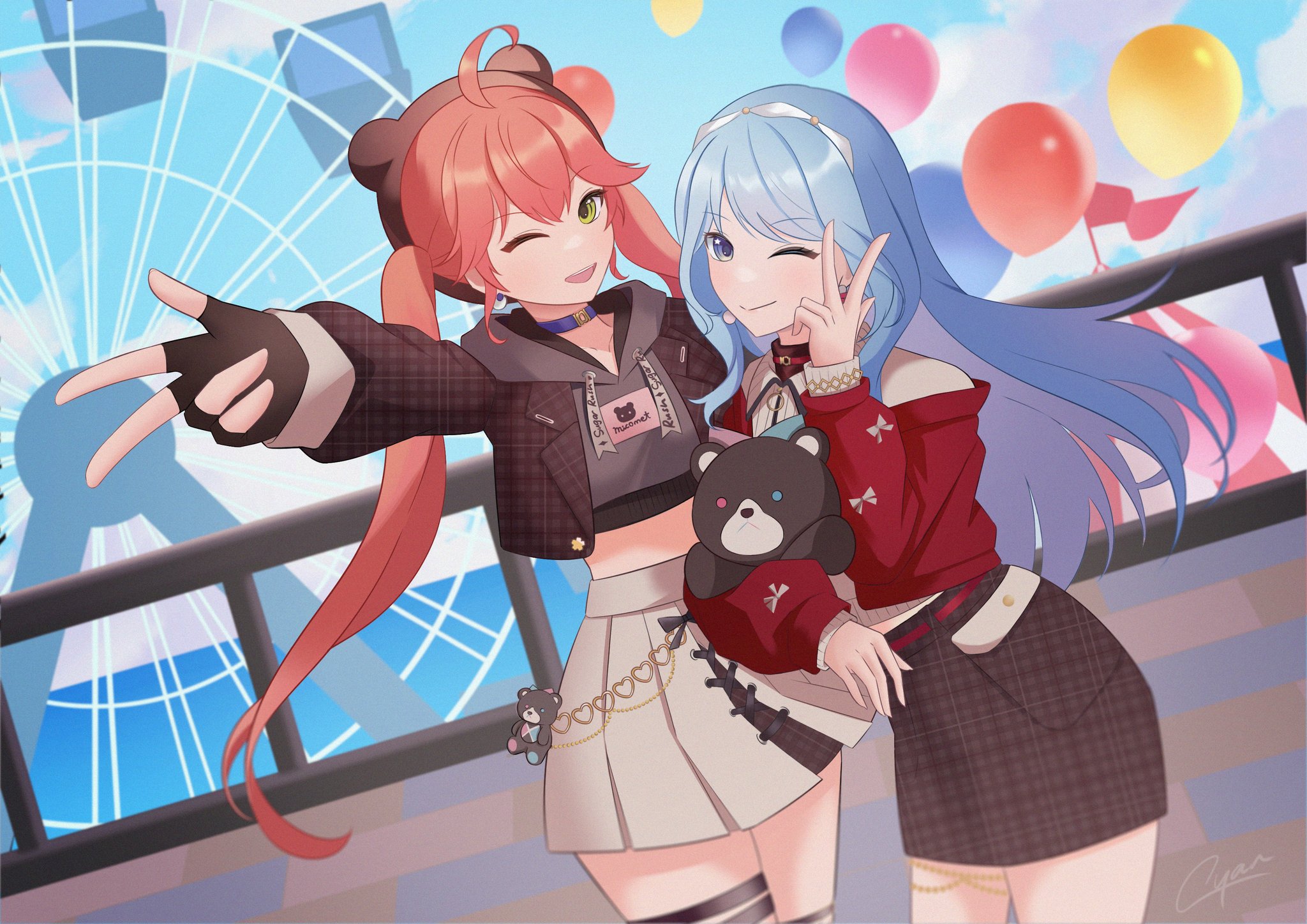 cyan 2344, hoshimachi suisei, hoshimachi suisei (micomet), sakura miko, sakura miko (micomet), hololive, highres, 2girls, ahoge, balloon, blue eyes, blue hair, choker, ferris wheel, fingerless gloves, gloves, green eyes, jacket, long hair, looking at viewer, multiple girls, official alternate costume, one eye closed, pink hair, plaid clothes, plaid skirt, skirt, star (symbol), star in eye, symbol in eye, twintails, virtual youtuber