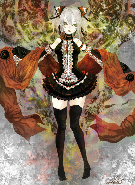 kunimura hakushi, original, silver hair, bad id, bad pixiv id, bare shoulders, bow, choker, dress, hair bow, legs, short hair, solo, thighhighs, yellow eyes, zettai ryouiki