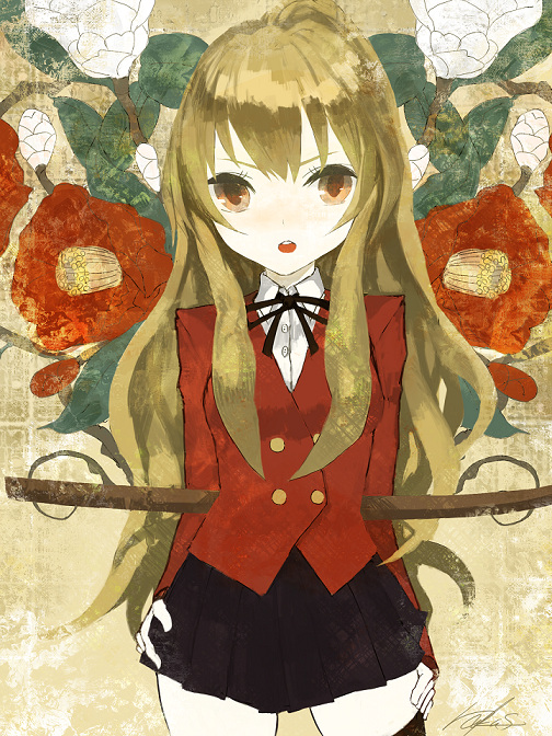 kunimura hakushi, aisaka taiga, toradora!, bad id, bad pixiv id, bokken, brown eyes, brown hair, camellia, fine art parody, flower, long hair, nihonga, parody, school uniform, skirt, solo, sword, thighhighs, weapon, wooden sword, yamato-e
