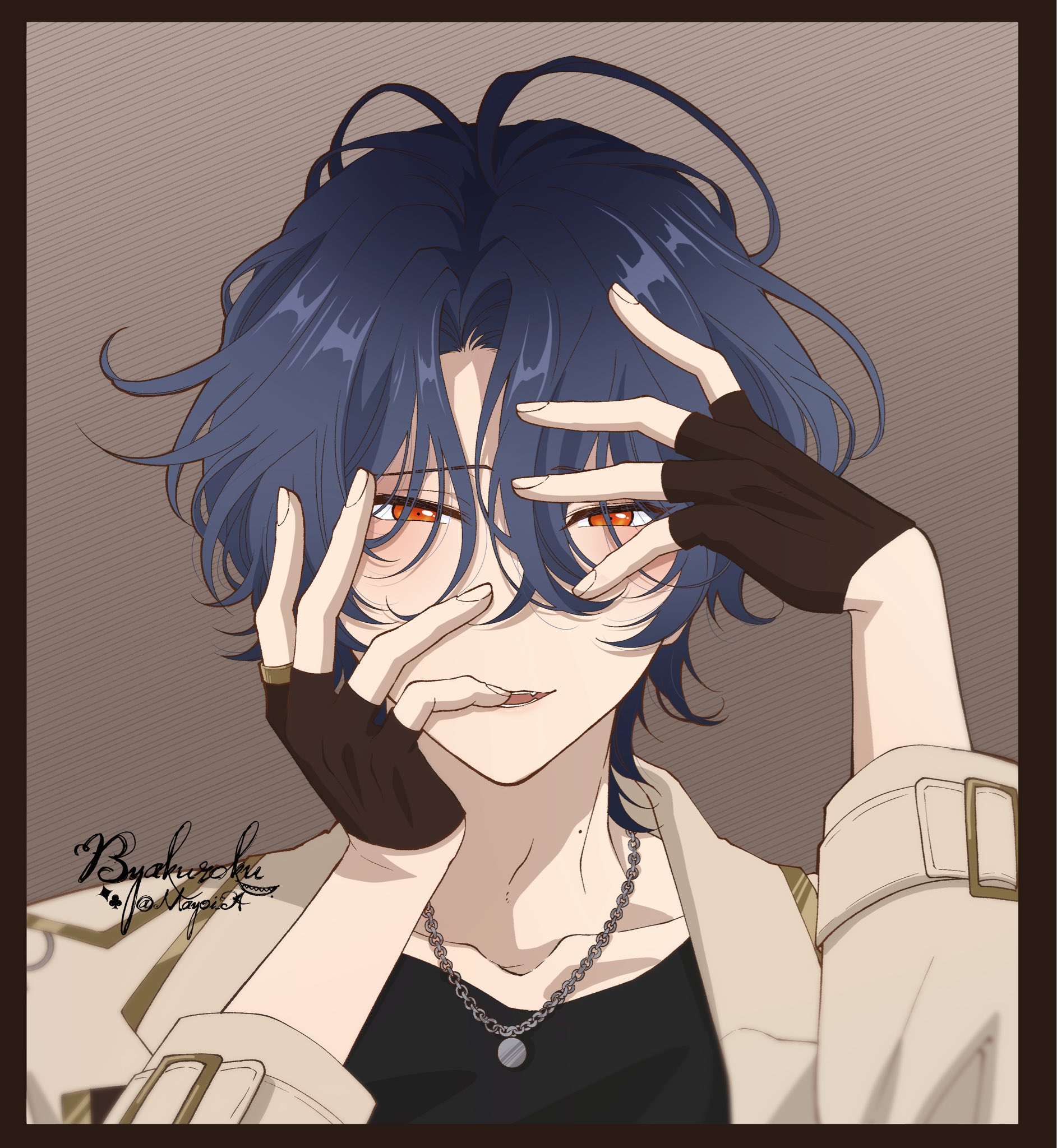 ensemble stars!, commentary request, highres, 1boy, black gloves, blue hair, border, fangs, fingerless gloves, fingernails, gloves, hands up, jewelry, looking at viewer, male focus, mole, mole on neck, necklace, red eyes, shiro (may0i a), short hair, solo, teeth, three-quarter sleeves, tsuzura chitose, twitter username, upper body