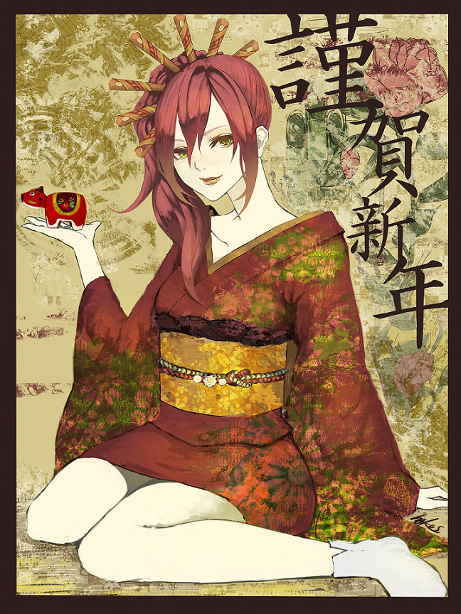 kunimura hakushi, original, bad id, bad pixiv id, japanese clothes, kimono, long hair, pale skin, red hair, sitting, smile, solo, tabi, yellow eyes
