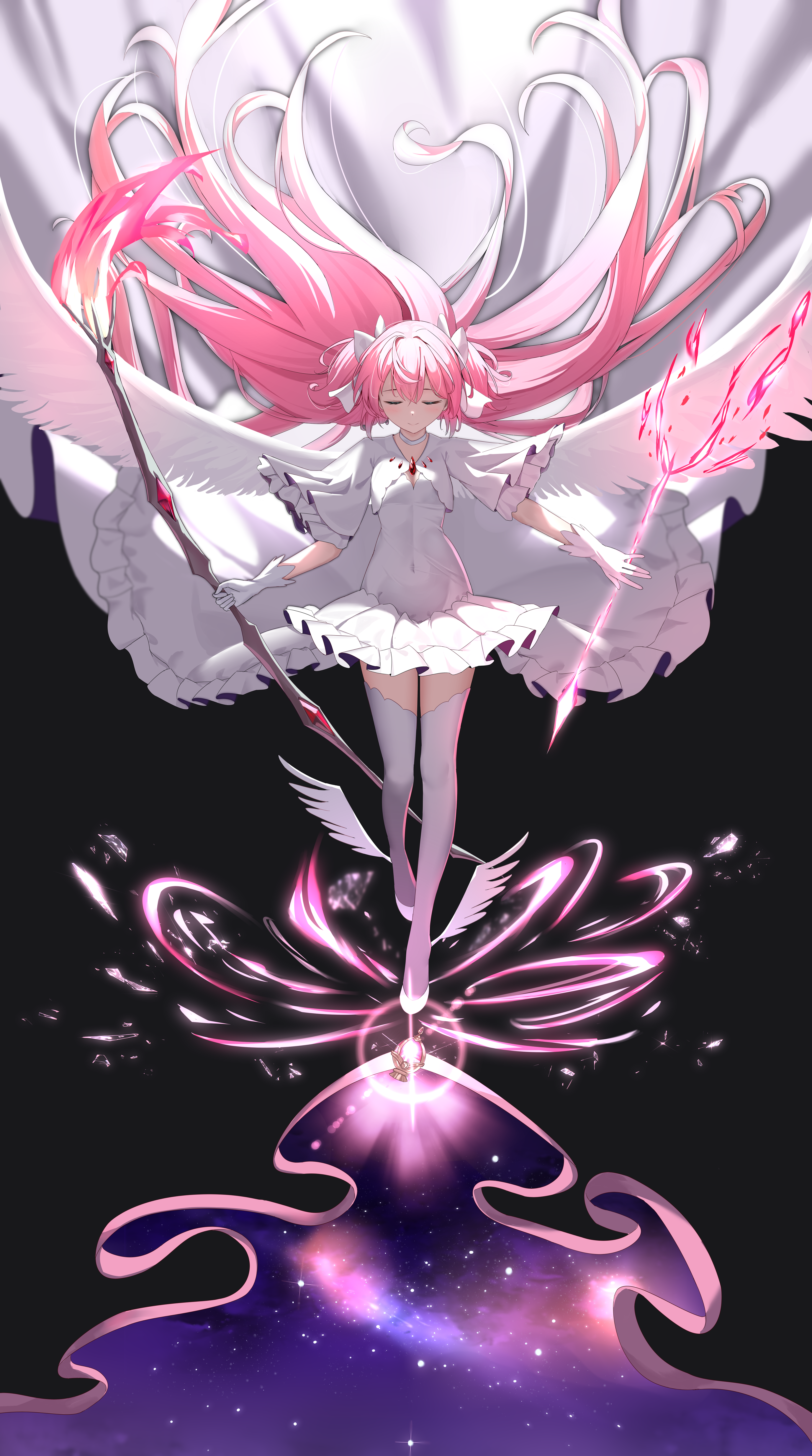 eternal1223, kaname madoka, ultimate madoka, mahou shoujo madoka magica, mahou shoujo madoka magica (anime), absurdres, highres, 1girl, ankle wings, arrow (projectile), bow, bow (weapon), choker, closed eyes, covered navel, dress, feathered wings, gem, gloves, hair bow, long hair, pink gemstone, pink hair, short twintails, solo, soul gem, space, twintails, weapon, white bow, white choker, white dress, white gloves, white wings, wings