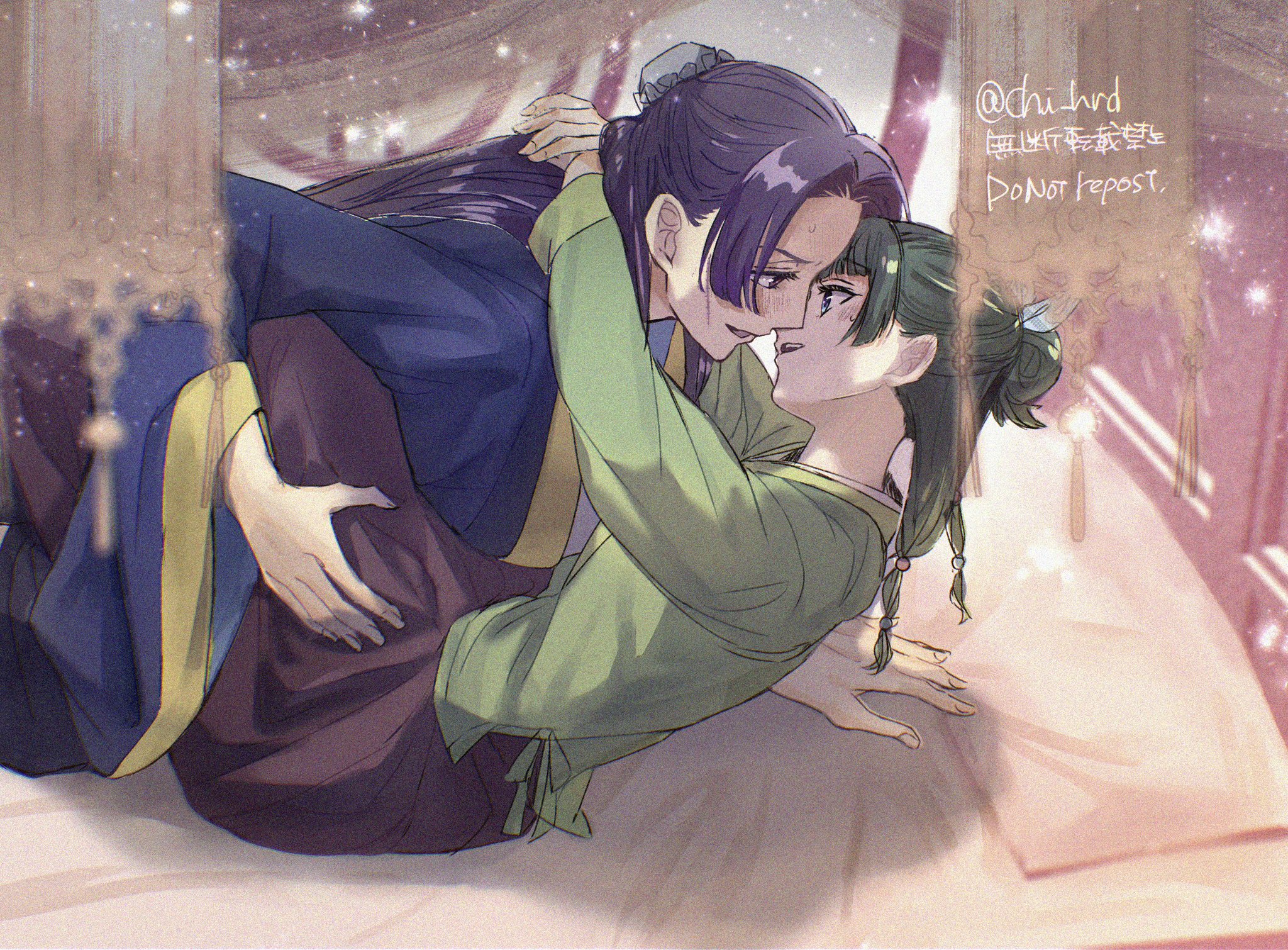 chii (chi hrd), jinshi (kusuriya no hitorigoto), maomao (kusuriya no hitorigoto), kusuriya no hitorigoto, highres, 1boy, 1girl, arms around neck, beads, black skirt, blue ribbon, blue robe, blush, bun cover, chinese clothes, couple, curtains, green hair, green shirt, hair beads, hair bun, hair ornament, hair ribbon, half updo, hetero, imminent kiss, on bed, parted bangs, parted lips, pillow, purple hair, ribbon, robe, shirt, sidelocks, skirt, sweat, twitter username