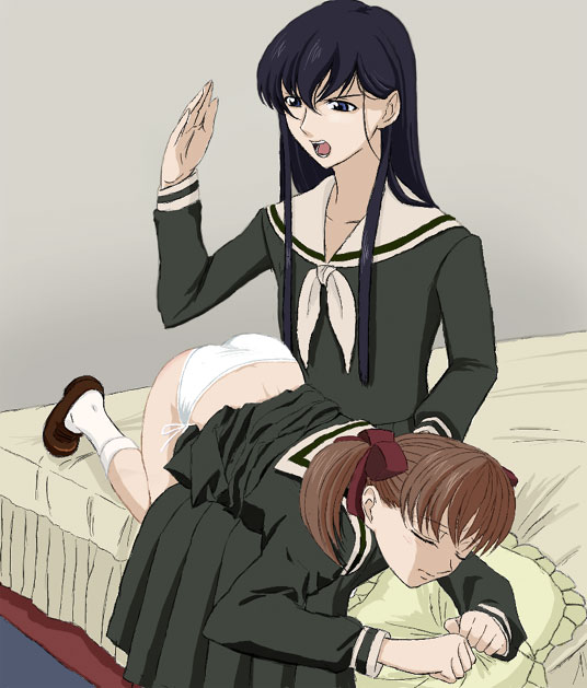 fukuzawa yumi, ogasawara sachiko, maria-sama ga miteru, white legwear, 00s, 2girls, all fours, bed, bed sheet, bedroom, black hair, blue eyes, brown hair, closed eyes, clothes lift, long hair, multiple girls, open mouth, panties, pillow, school uniform, shoes, short hair, skirt, skirt lift, socks, spanked, top-down bottom-up, twintails, underwear, white panties, yuri