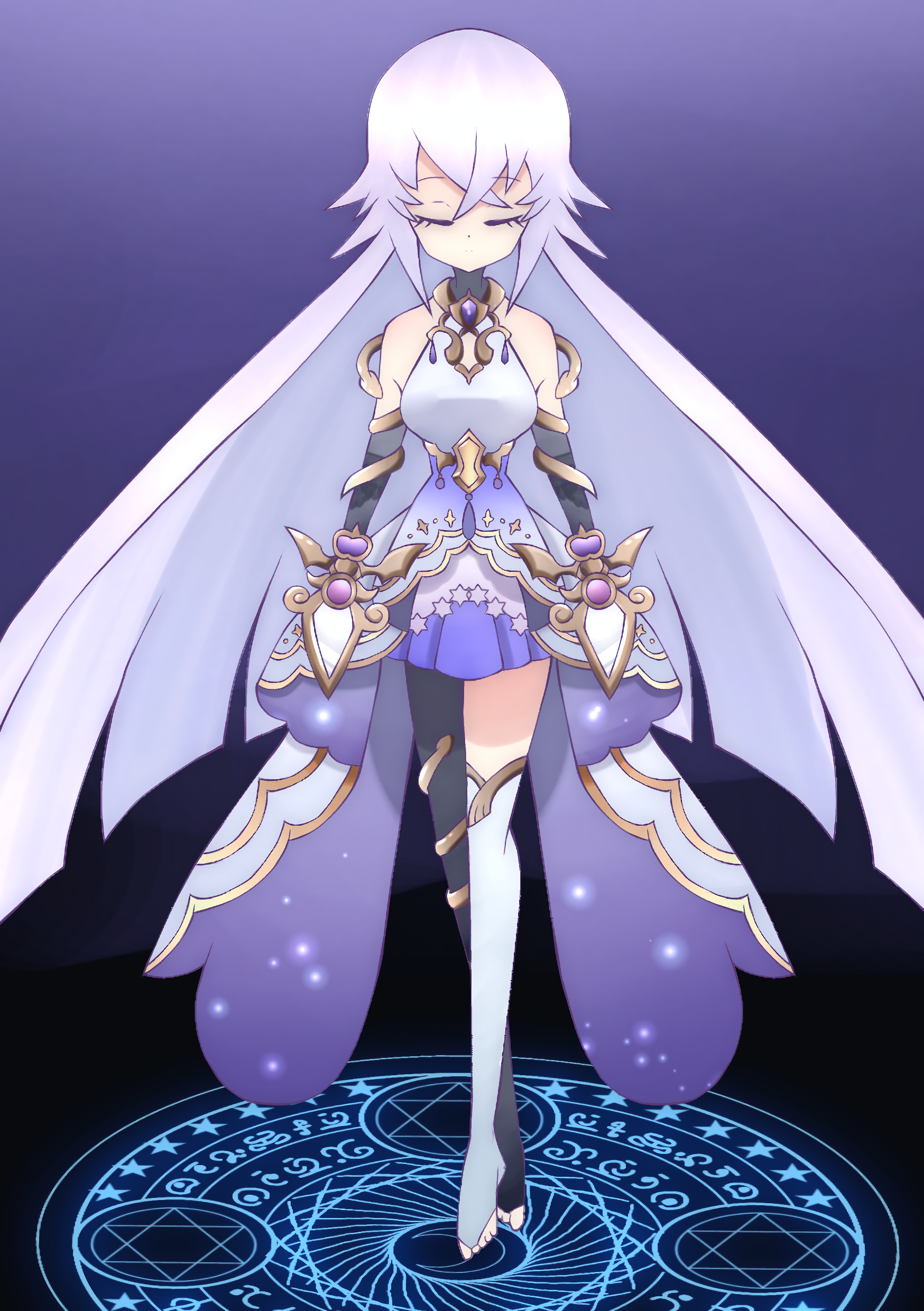 magic mirror (grimms notes), grimms notes, 1girl, blue skirt, breasts, cleavage cutout, closed eyes, clothing cutout, full body, magic circle, purple hair, skirt, solo, user jsjt3223