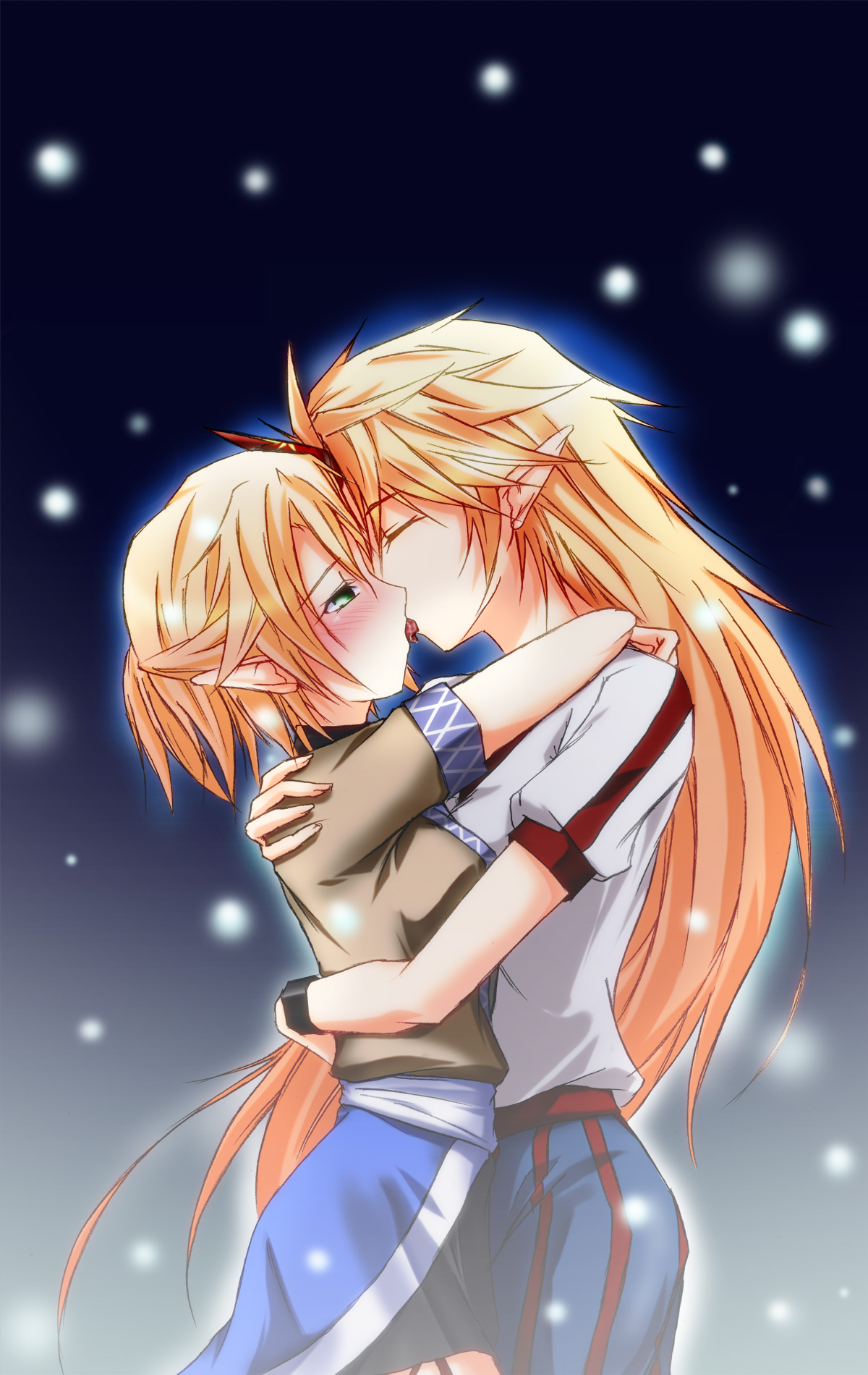 hazuki kasane, takamoto akisa, hoshiguma yuugi, mizuhashi parsee, touhou, highres, 2girls, arms around neck, blonde hair, blush, breast press, closed eyes, couple, female focus, french kiss, green eyes, hand on another's shoulder, horns, hug, kiss, long hair, multiple girls, pointy ears, short hair, single horn, snowing, tongue, very long hair, yuri