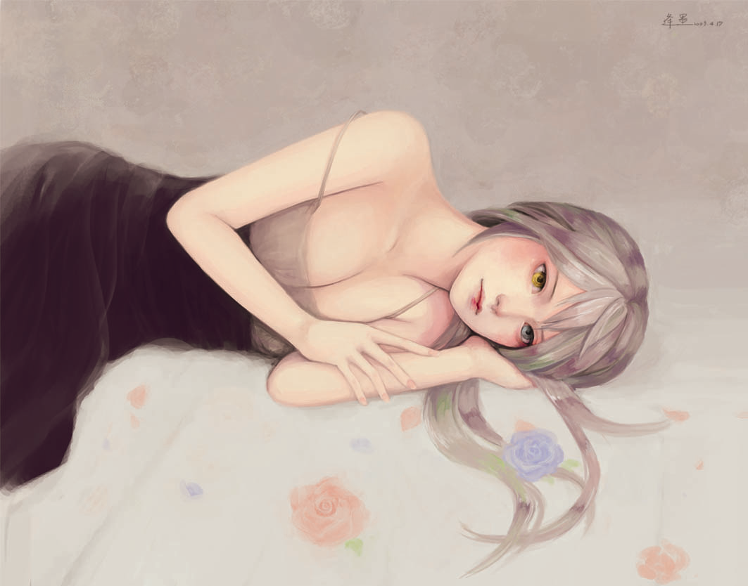 pangmo, original, silver hair, bad id, bad pixiv id, 1girl, bare shoulders, breasts, cleavage, dress, female focus, flower, heterochromia, large breasts, long hair, lying, on side, solo