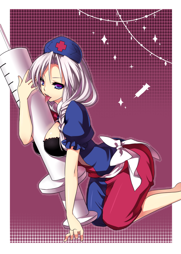 masaru.jp, yagokoro eirin, touhou, bad id, bad pixiv id, 1girl, between breasts, black bra, blue eyes, bra, braid, breasts, cleavage, female focus, hat, lace, lace-trimmed bra, lace trim, large breasts, large syringe, legs, licking, lingerie, long hair, naughty face, nurse, nurse cap, oversized object, sexually suggestive, single braid, solo, syringe, thighs, tongue, underwear, white hair