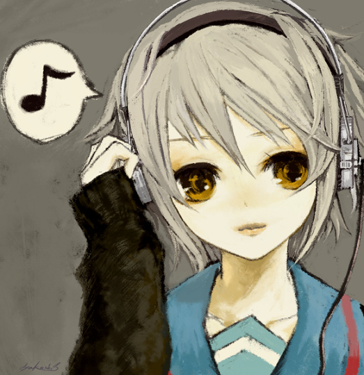 kunimura hakushi, nagato yuki, suzumiya haruhi no yuuutsu, silver hair, bad id, bad pixiv id, 00s, brown eyes, hairband, hand on headphones, headphones, long sleeves, musical note, school uniform, serafuku, short hair, smile, solo, yellow eyes