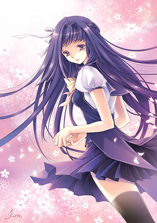 ai x kira, cherry blossoms, hair ribbon, long hair, pink eyes, purple hair, ribbon, school uniform, serafuku, solo, standing, thighhighs, very long hair