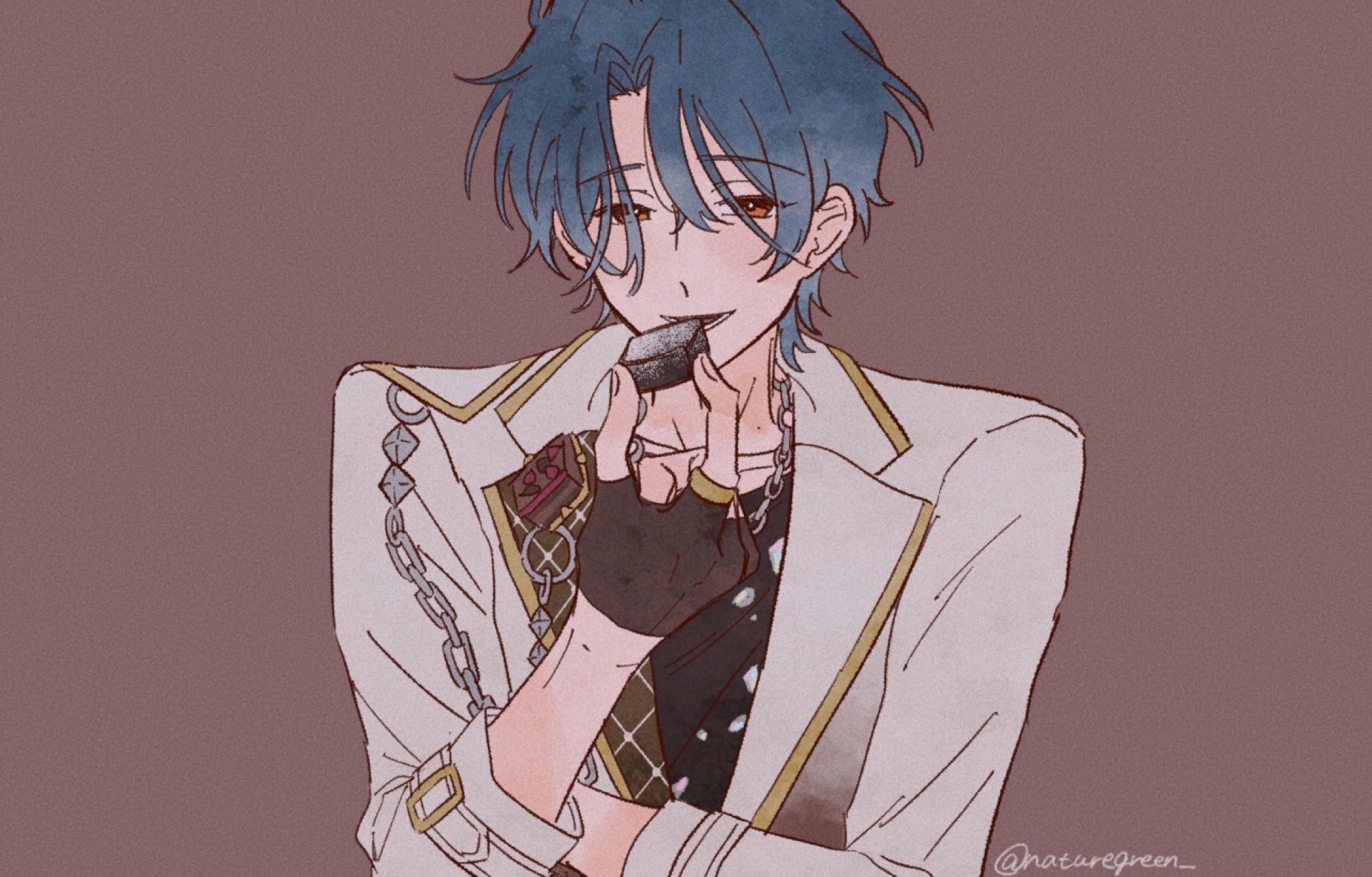 ensemble stars!, commentary request, highres, 1boy, blue hair, brown background, brown gloves, chain, chocolate, fingerless gloves, fingernails, food, food in mouth, gloves, hand up, holding, holding chocolate, holding food, lapels, looking at viewer, lower teeth only, male focus, notched lapels, red eyes, simple background, solo, teeth, three-quarter sleeves, tsuzura chitose, twitter username, upper body, uya (naturegreen )