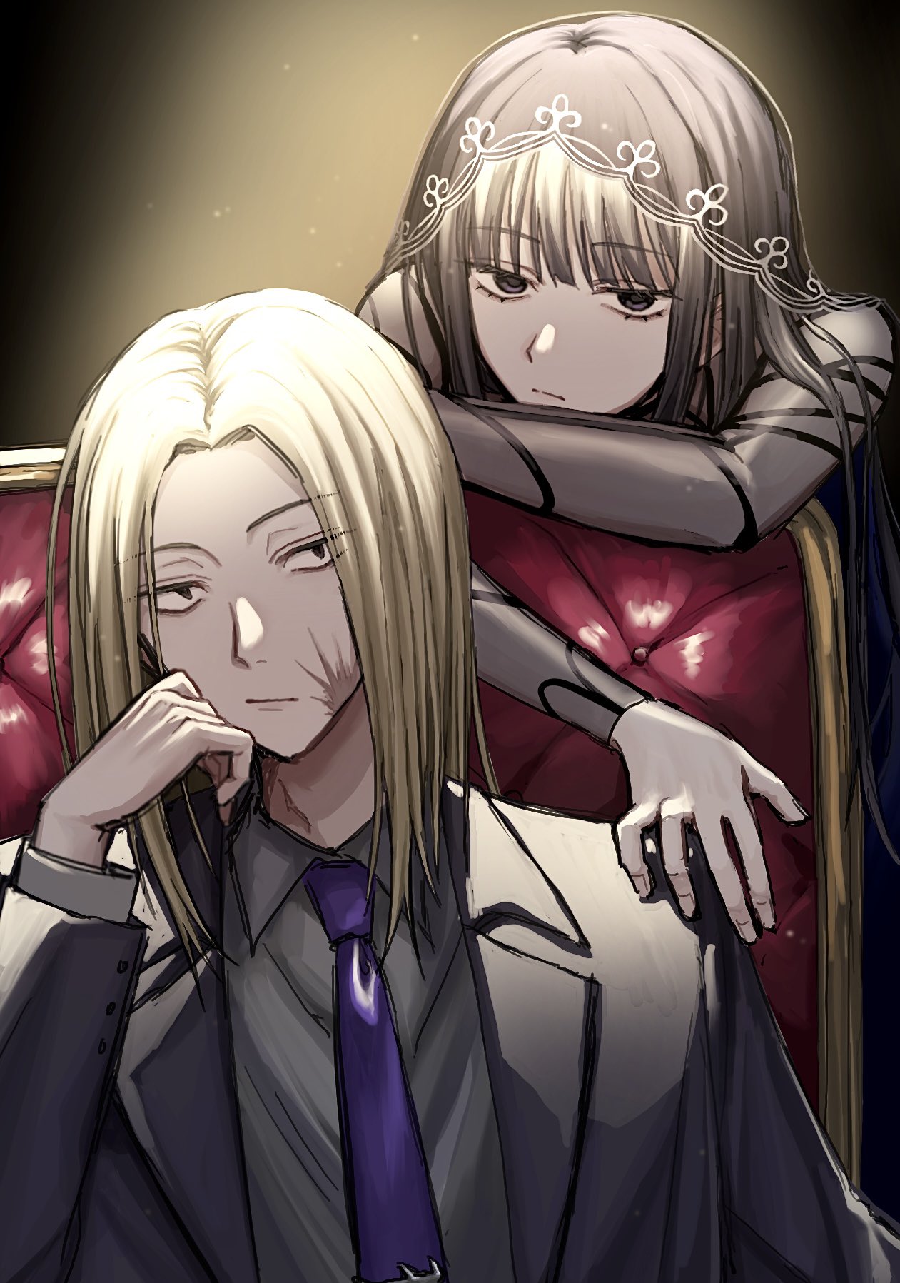 osaragi (sakamoto days), shishiba (sakamoto days), sakamoto days, commentary request, highres, 1boy, 1girl, black eyes, black hair, black suit, blonde hair, chair, closed mouth, dark background, formal clothes, hand on another's shoulder, hand on own cheek, hand on own face, lace, lace-trimmed veil, lace sleeves, lace trim, long hair, looking at viewer, necktie, on chair, purple necktie, scar, scar on face, see-through clothes, see-through sleeves, shirt, sitting, sitting on throne, straight hair, suit, throne, upper body, veil, yu0203 yuki