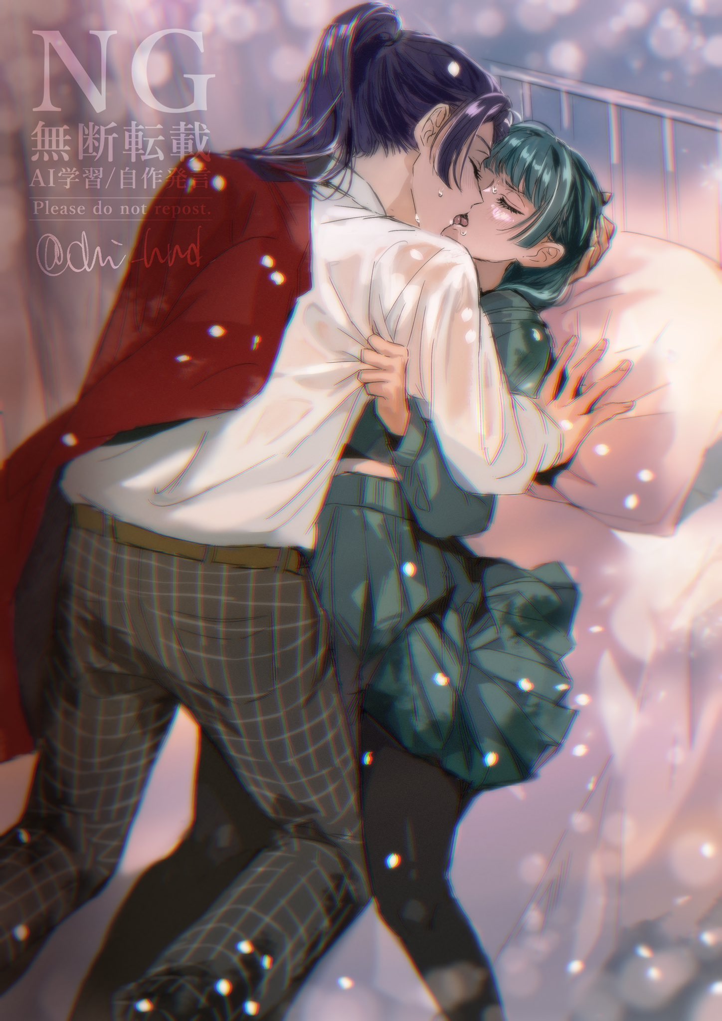 chii (chi hrd), jinshi (kusuriya no hitorigoto), maomao (kusuriya no hitorigoto), kusuriya no hitorigoto, highres, 1boy, 1girl, bed sheet, black pantyhose, blunt bangs, closed eyes, clothes grab, collared shirt, couple, feet out of frame, green hair, green serafuku, green shirt, green skirt, grid print, hand in another's hair, hetero, jacket, jacket on shoulders, kiss, long hair, midriff peek, on bed, open mouth, pants, pantyhose, pillow, pleated skirt, ponytail, print pants, purple hair, red jacket, school uniform, serafuku, shirt, shirt grab, skirt, sweat, twitter username, watermark, white shirt