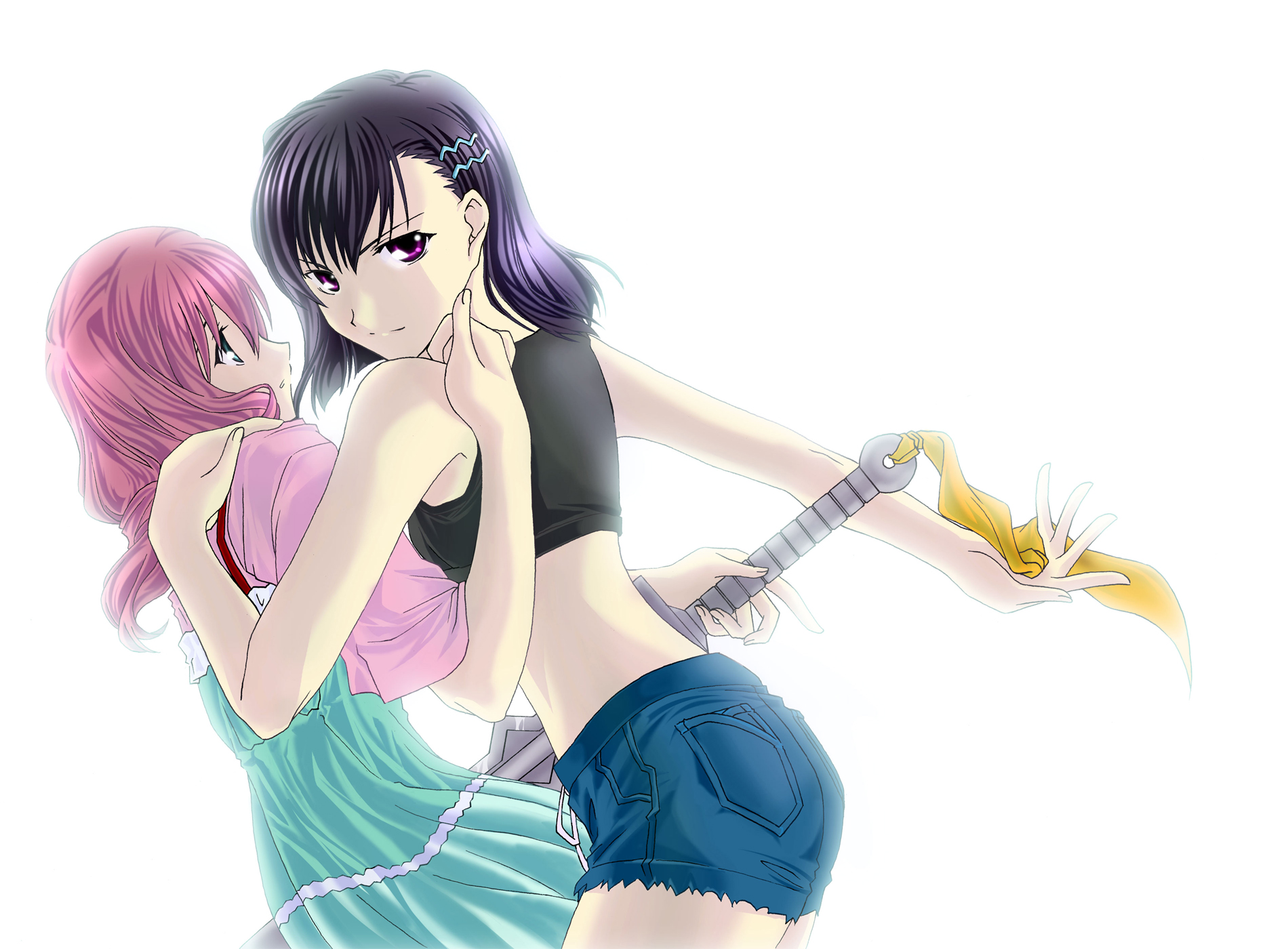 aizawa yasumi, osanai shouko, sword (aoi shiro), aoi shiro, highres, 2girls, denim, denim shorts, female focus, gradient background, multiple girls, shorts, sword, weapon, white background