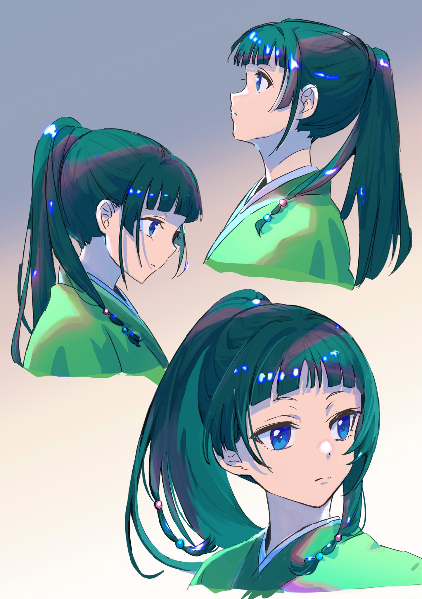 chii (chi hrd), maomao (kusuriya no hitorigoto), kusuriya no hitorigoto, highres, 1girl, beads, blue eyes, blunt bangs, chinese clothes, closed mouth, expressionless, green hair, green shirt, grey background, hair beads, hair ornament, long hair, multiple views, ponytail, portrait, profile, shirt, solo, upper body