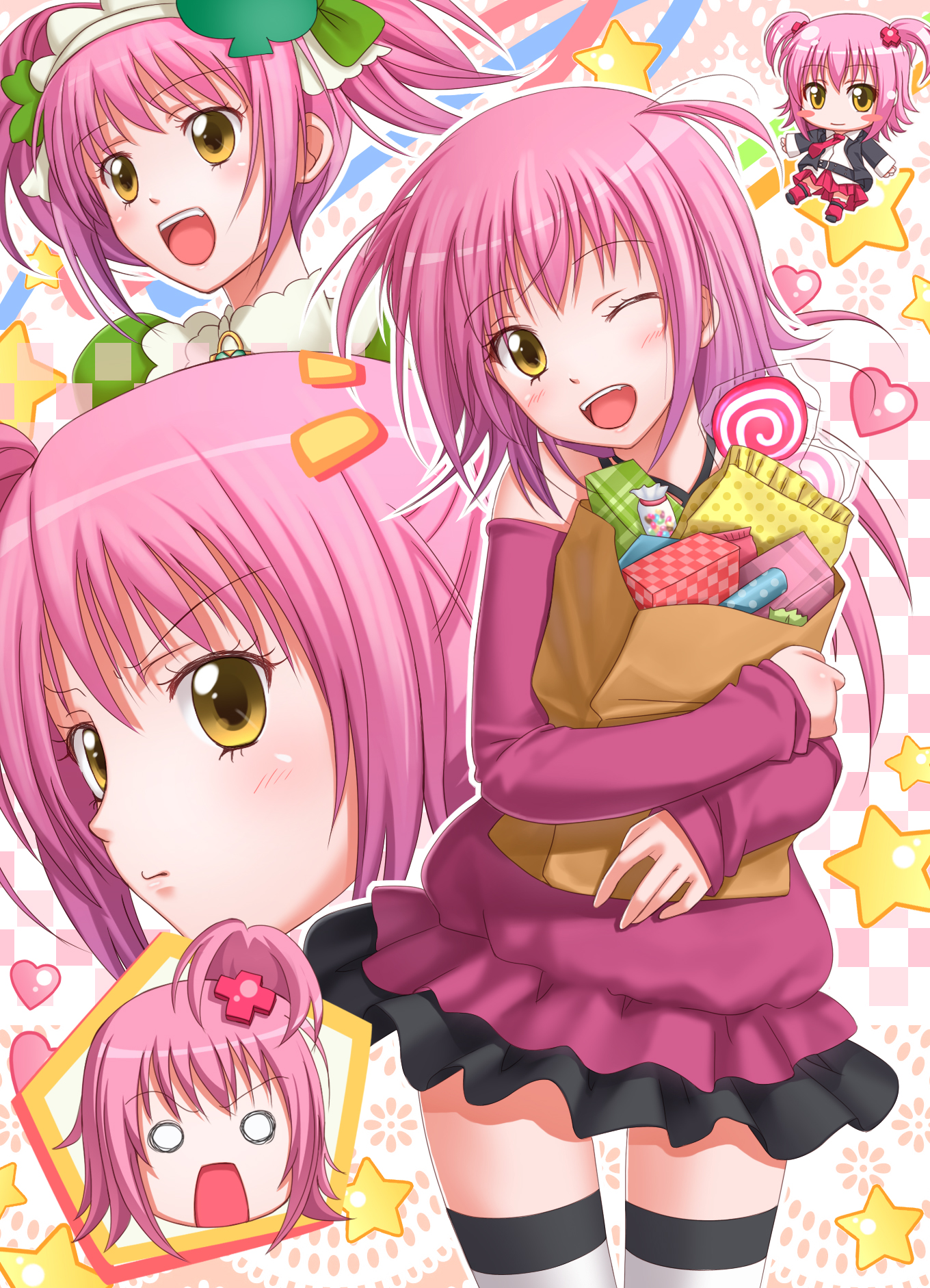 chobipero, amulet clover, hinamori amu, shugo chara!, striped legwear, highres, bag, bare shoulders, belt, blush, candy, chibi, clubs, dual persona, fang, food, hair ornament, hairband, heart, laughing, lollipop, magical girl, miniskirt, necktie, o o, one eye closed, open mouth, pink hair, pleated skirt, ponytail, short twintails, skirt, smile, standing, star (symbol), striped clothes, striped thighhighs, swirl lollipop, thigh gap, thighhighs, thighs, twintails, wink, yellow eyes, zettai ryouiki