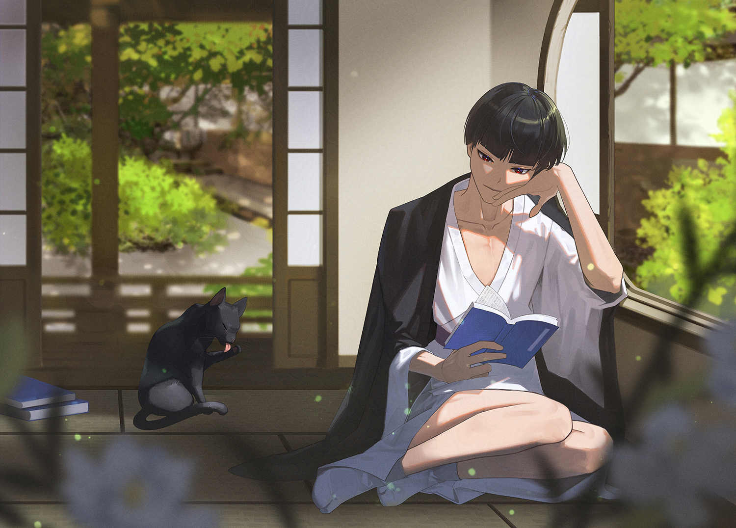 8083 blue, hoshina soshiro, kaijuu no. 8, commentary, 1boy, black cat, black hair, blurry, blurry foreground, book, book stack, cat, closed mouth, collarbone, indoors, japanese clothes, kimono, light particles, long sleeves, looking at object, looking down, male focus, reading, red eyes, short hair, sitting, sliding doors, socks, solo, tabi, white kimono, white socks