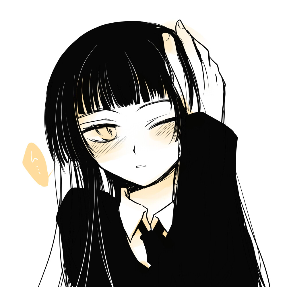 shima tokio, shimaso, female protagonist (houkago play), houkago play, bad id, bad pixiv id, 1girl, black hair, blunt bangs, blush, headpat, hime cut, long hair, monochrome, necktie, solo focus, yellow theme