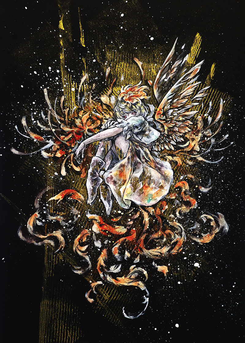 ikeda ruriko, niwatari kutaka, touhou, 1girl, bird tail, bird wings, black background, blonde hair, chicken wing, feathers, full body, looking at viewer, medium hair, short sleeves, solo, tail, wings