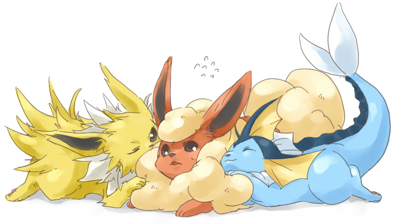 yoshikawa mo, flareon, jolteon, vaporeon, nintendo, pokemon, pokemon rgby, bad id, bad pixiv id, 1990s (style), body fur, fins, full body, gen 1 pokemon, no humans, pokemon (creature), retro artstyle, simple background, white background