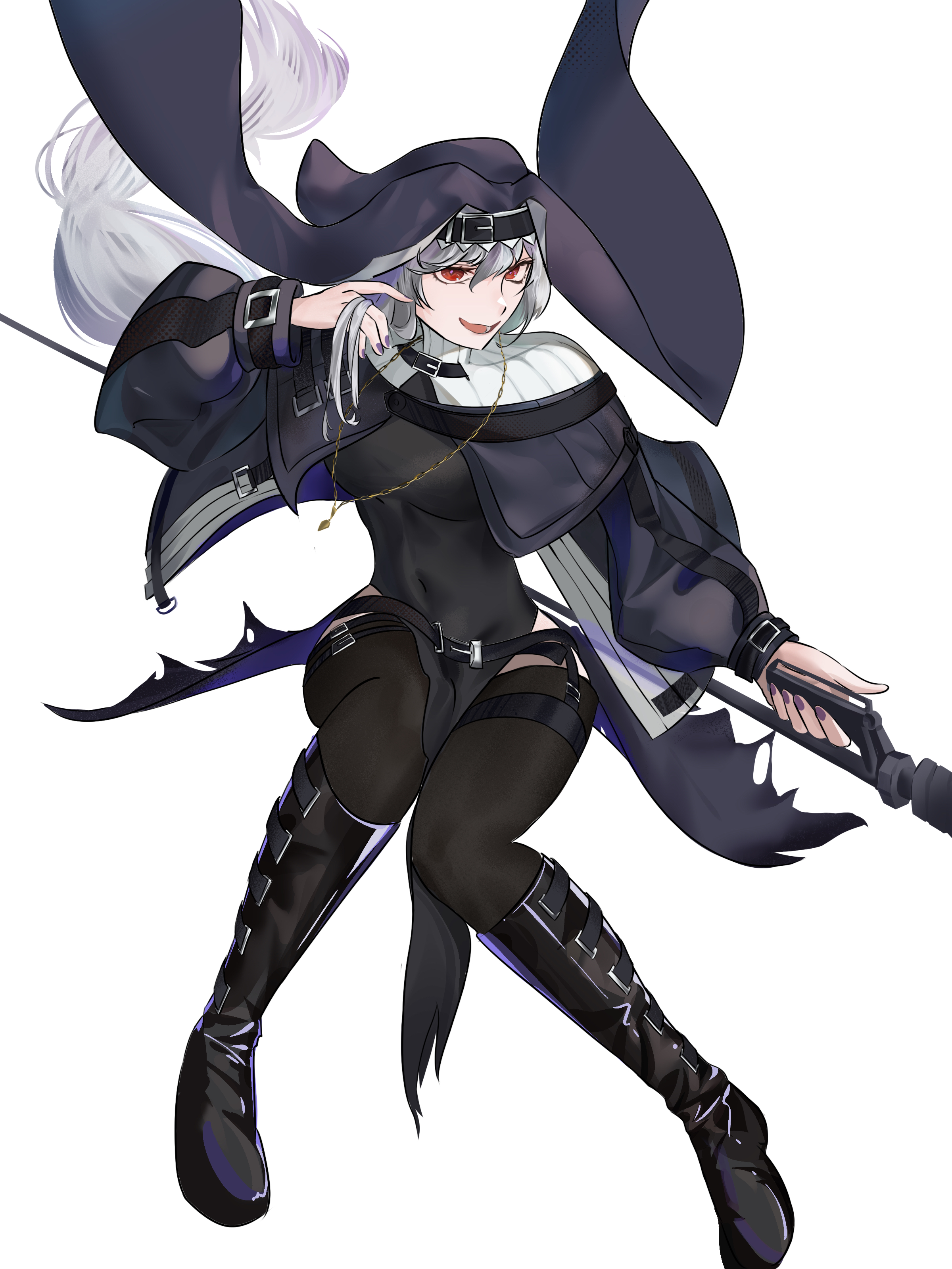 dddys, specter (arknights), arknights, absurdres, highres, ascot, belt, belt buckle, black belt, black boots, black dress, boots, breasts, buckle, capelet, clothing cutout, coif, covered navel, dress, garter belt, gold necklace, grey ascot, grey capelet, grey hair, hair between eyes, hat, jewelry, knee boots, long hair, long sleeves, medium breasts, nail polish, necklace, nun, open mouth, pendant, puffy sleeves, purple nails, red eyes, shoulder strap, simple background, thick thighs, thigh belt, thigh cutout, thigh strap, thighs, turtleneck, twirling hair, two-sided fabric, two-sided headwear, very long hair, white background