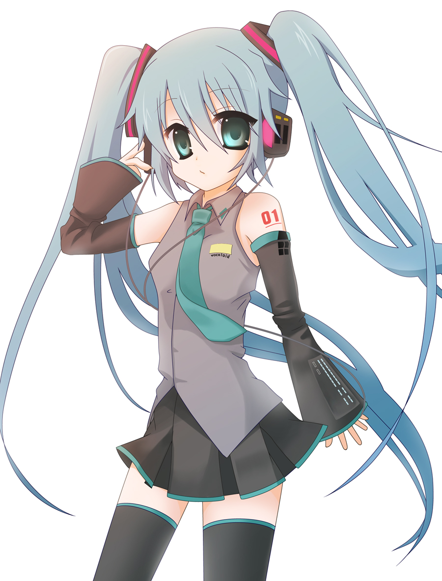 granada (guranada), hatsune miku, vocaloid, bad id, bad pixiv id, aqua eyes, aqua hair, bare shoulders, black thighhighs, detached sleeves, gradient hair, hair ornament, headphones, long hair, miniskirt, multicolored hair, necktie, pleated skirt, skirt, sleeves past wrists, solo, thighhighs, twintails, very long hair, zettai ryouiki