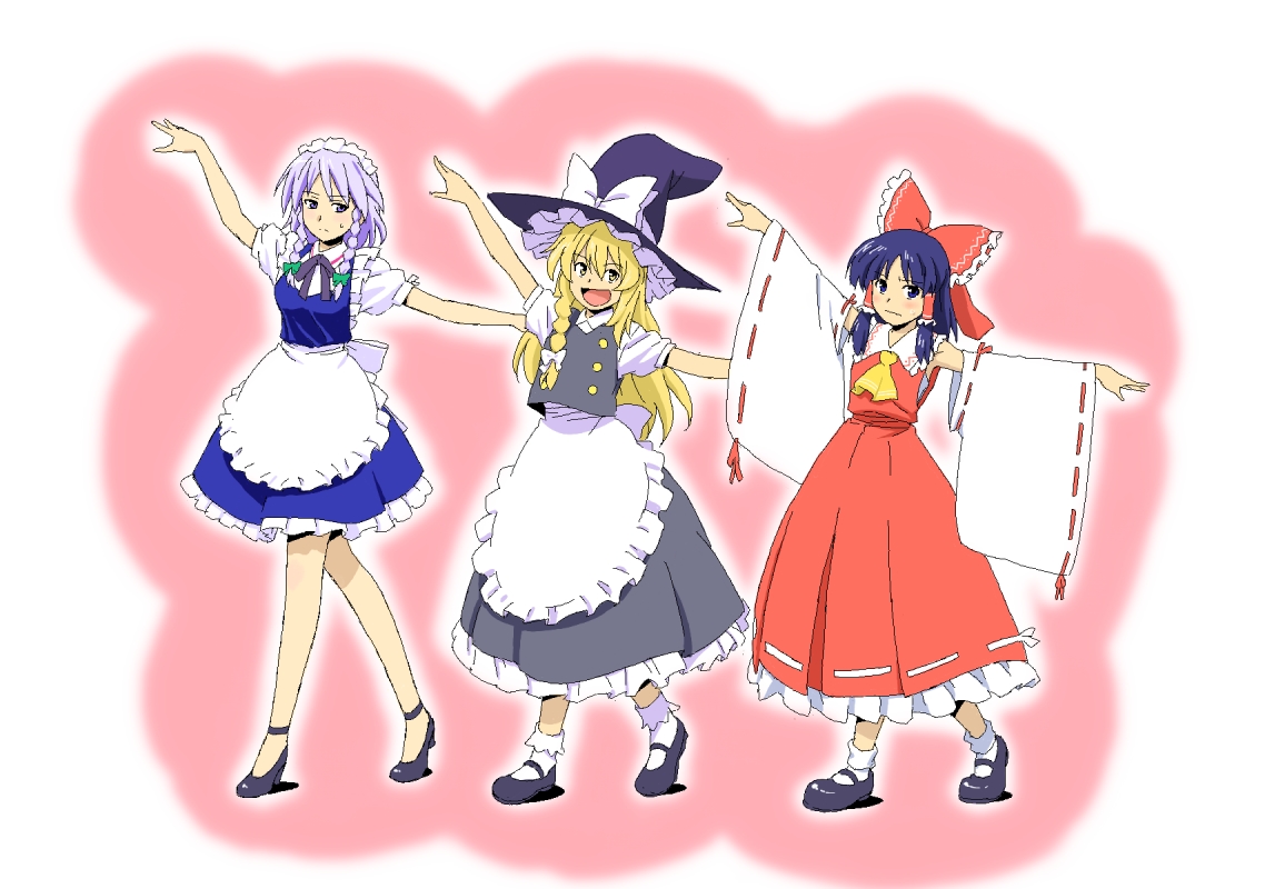 ikuya koimori, hakurei reimu, izayoi sakuya, kirisame marisa, touhou, bad id, bad pixiv id, 3girls, :d, apron, dancing, detached sleeves, embarrassed, female focus, high heels, japanese clothes, maid, maid apron, miko, multiple girls, open mouth, shoes, smile, sweatdrop