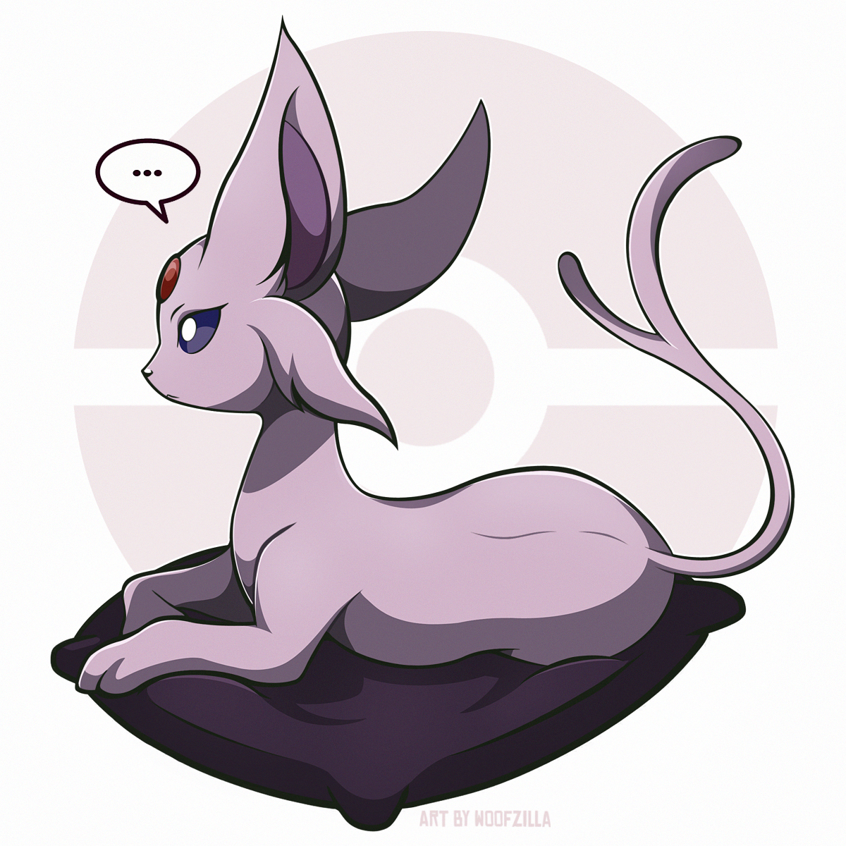 woofzilla, espeon, nintendo, pokemon, commentary, english commentary, highres, …, animal focus, bright pupils, closed mouth, colored sclera, facial mark, forehead mark, full body, gen 2 pokemon, no humans, pillow, pokemon (creature), purple sclera, sitting, solo, speech bubble, spoken ellipsis, white background, white pupils