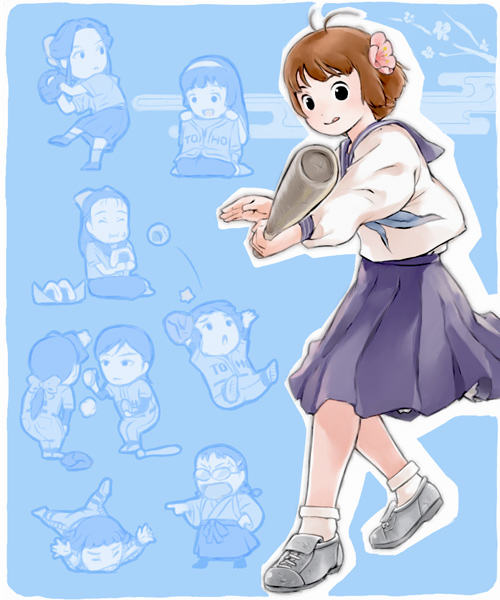 kow (k.), kow (kow0117), ishigaki tamaki, kawashima noe, ogasawara akiko, ogasawara akito, owari noriko, sakurami kyouko, souya yuki, suzukawa koume, tsukubae shizuka, tsukubae tomoe, taishou yakyuu musume, bad id, bad pixiv id, character request, 00s, 6+girls, :d, ahoge, baseball, baseball bat, baseball glove, baseball uniform, black eyes, brown hair, chibi, flower, food, hair flower, hair ornament, hair ribbon, hairband, long hair, multiple girls, onigiri, open mouth, ponytail, ribbon, school uniform, serafuku, short hair, skirt, smile, sportswear, tongue