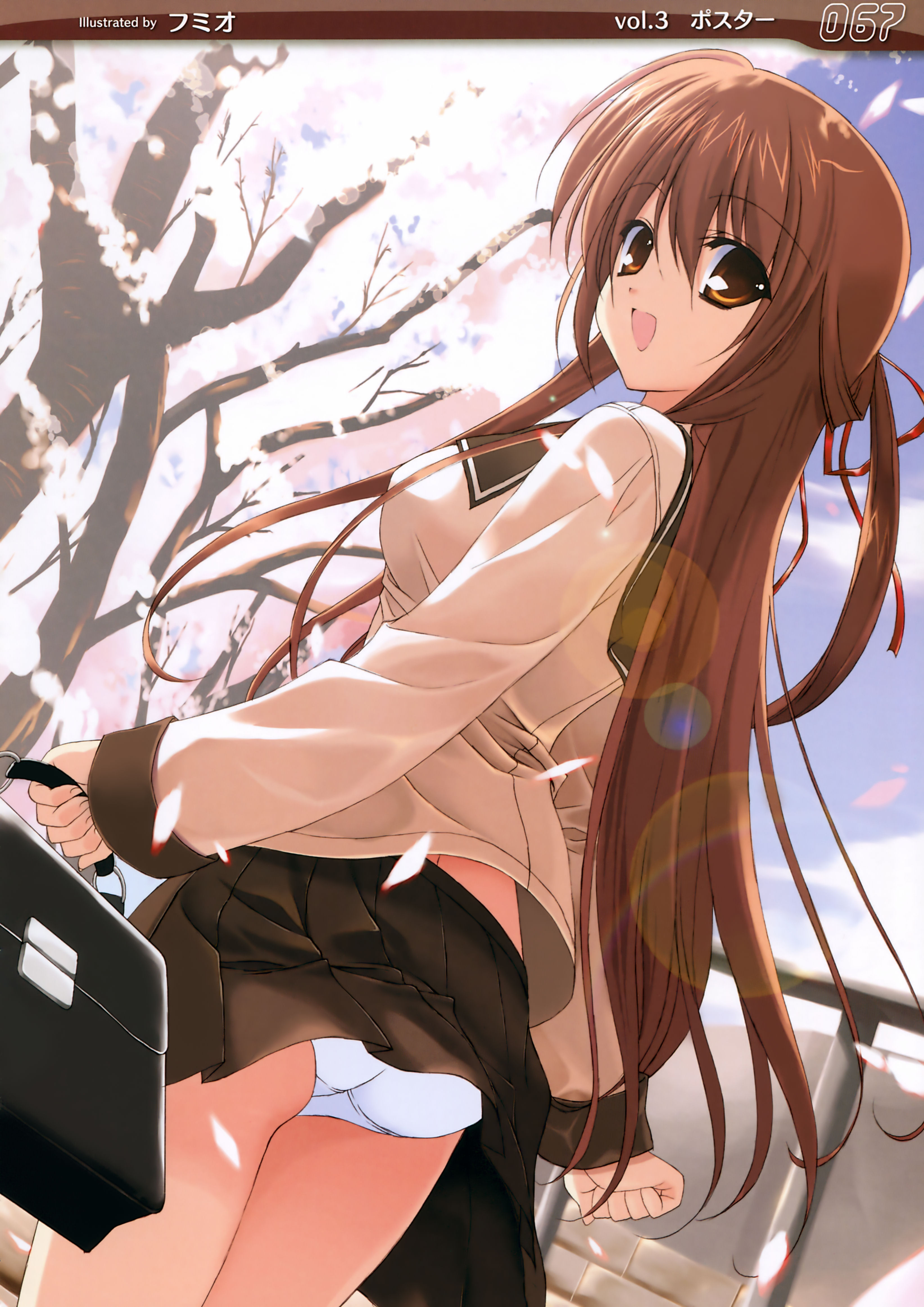 fumio (ura fmo), absurdres, highres, ass, briefcase, brown eyes, brown hair, cherry blossoms, hair ribbon, long hair, panties, pantyshot, ribbon, school uniform, solo, underwear, white panties