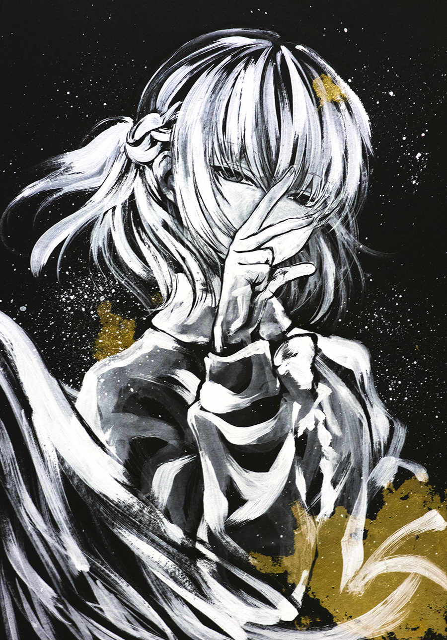 ikeda ruriko, kishin sagume, touhou, highres, traditional media, 1girl, black background, feathered wings, long sleeves, looking at viewer, medium hair, salute, single wing, two-finger salute, upper body, wings
