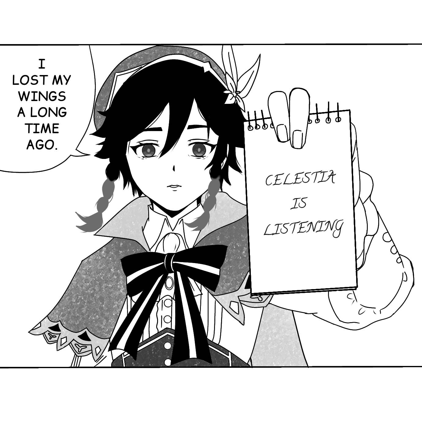 venti (genshin impact), chainsaw man, genshin impact, highres, 1boy, androgynous, bard, beret, braid, cape, carmencalamitas, collared cape, flower, gradient hair, green cape, green hat, green shorts, hair between eyes, hat, hat flower, hetero, instrument, long hair, low-braided long hair, low-tied long hair, lyre, meme, multicolored hair, short hair with long locks, shorts, side braids, twin braids, white flower