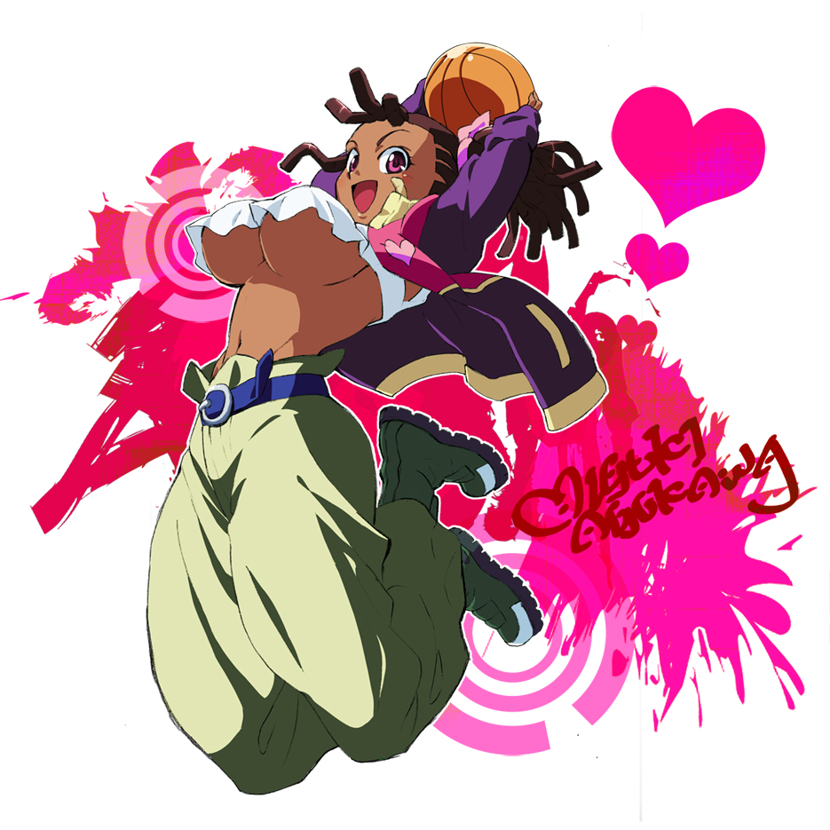 b255, ayukawa miyuki, basquash!, 00s, 1girl, arms up, baggy pants, ball, bandaid, bandaid on face, basketball, basketball (object), belt, breasts, brown hair, coat, dark-skinned female, dark skin, dreadlocks, female focus, full body, heart, huge breasts, long hair, navel, pants, pink eyes, smile, solo, tank top, underboob, very dark skin
