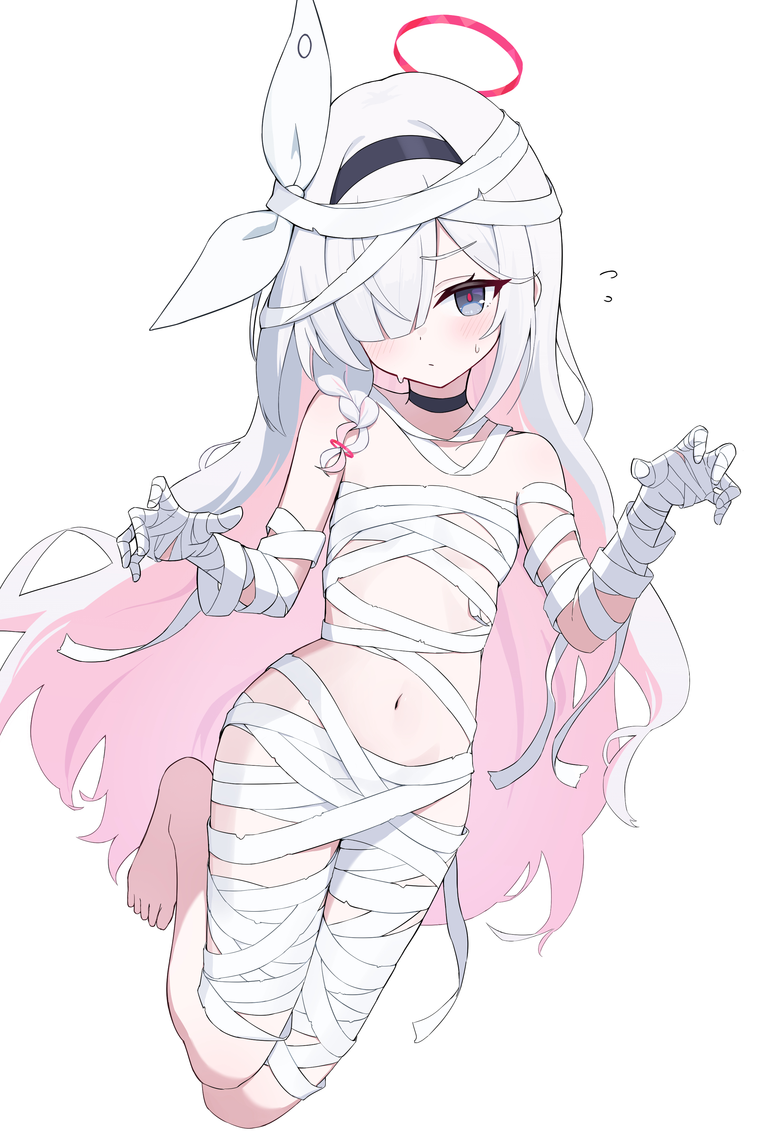 inedibleparts, plana (blue archive), blue archive, absurdres, highres, 1girl, bandages, barefoot, black choker, black eyes, black hairband, braid, choker, colored inner hair, feet, flat chest, flying sweatdrops, full body, hair over one eye, hairband, halo, long hair, looking at viewer, multicolored hair, naked bandage, navel, pink hair, red halo, simple background, solo, sweatdrop, very long hair, white background, white hair