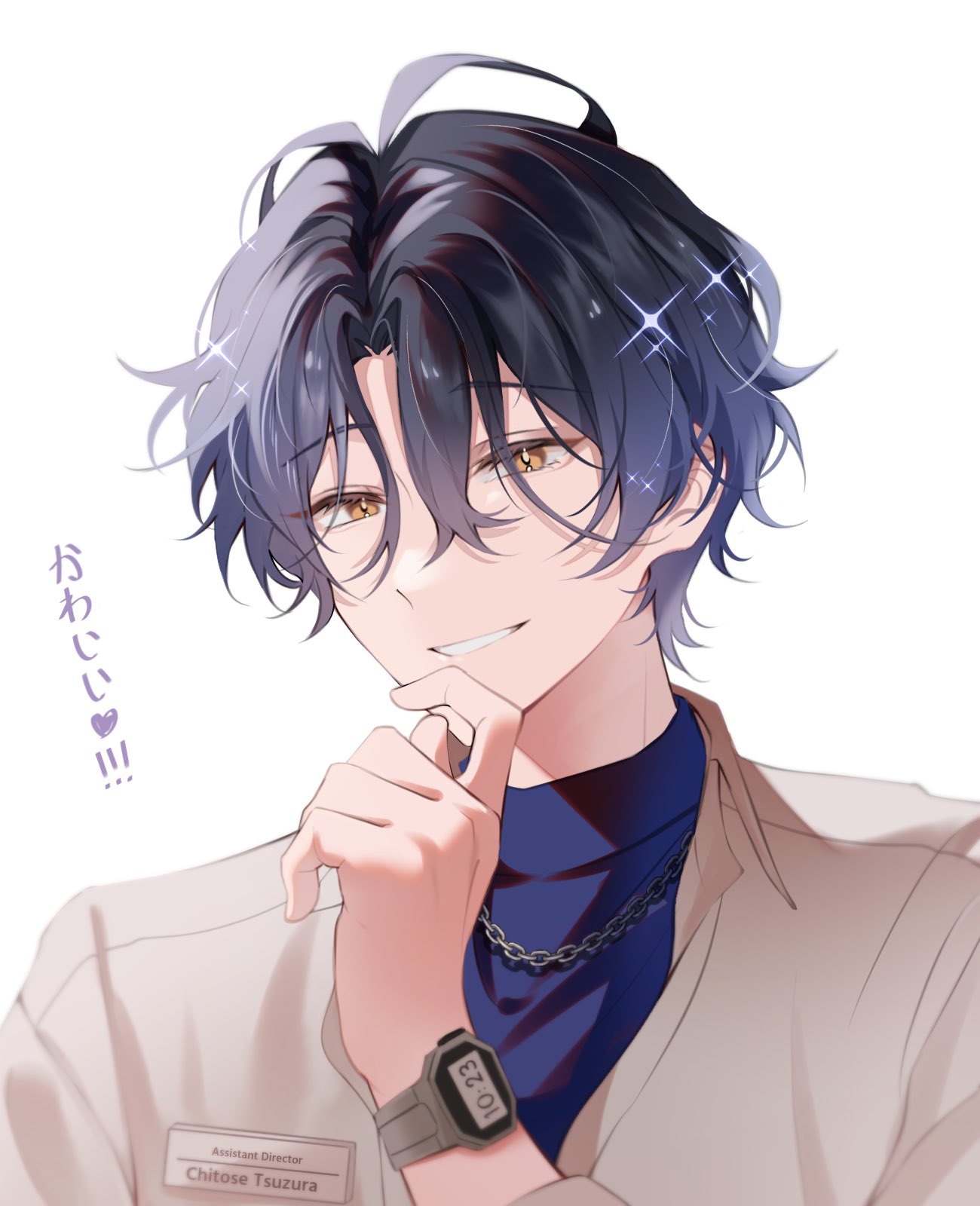 ensemble stars!, highres, 1boy, blue shirt, chain, chain necklace, character name, clenched teeth, collared shirt, hand up, iris (iris litaa), jewelry, male focus, name tag, necklace, shirt, short hair, simple background, smile, solo, sparkle, teeth, tsuzura chitose, turtleneck, watch, white background, wristwatch, yellow eyes
