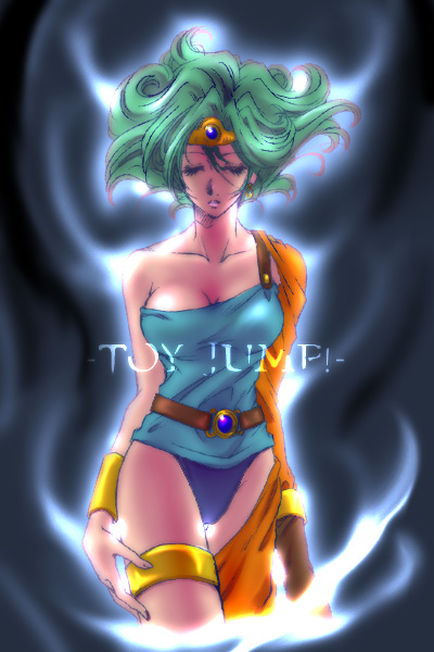 fu-ka, heroine (dq4), chunsoft, dragon quest, dragon quest iv, enix, 1girl, asymmetrical clothes, breasts, circlet, cleavage, closed eyes, curly hair, female focus, green hair, large breasts, leotard, short hair, single thighhigh, solo, thighhighs
