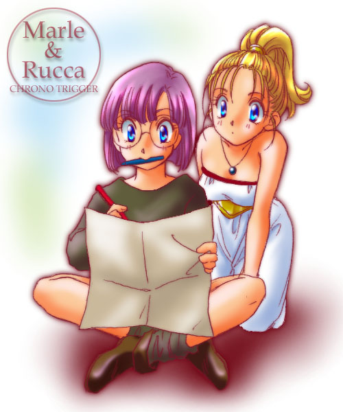 fu-ka, lucca ashtear, marle (chrono trigger), chrono (series), chrono trigger, 1990s (style), 2girls, blonde hair, blue eyes, blush, english text, engrish text, glasses, jewelry, mouth hold, multiple girls, necklace, ponytail, purple hair, ranguage, short hair