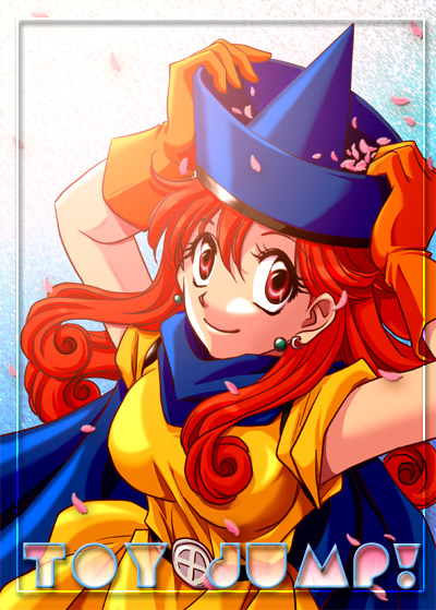 fu-ka, alena (dq4), chunsoft, dragon quest, dragon quest iv, enix, 1girl, cape, cherry blossoms, dress, earrings, female focus, gloves, hat, jewelry, long hair, petals, red eyes, red hair, smile, solo, yellow dress