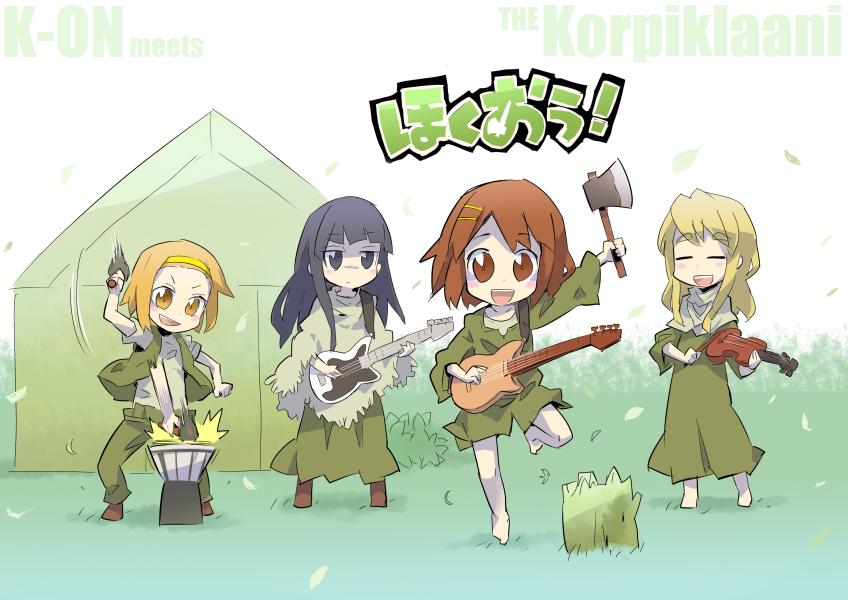 mizorogi shougo, akiyama mio, hirasawa yui, kotobuki tsumugi, tainaka ritsu, k-on!, korpiklaani, bad id, bad pixiv id, 00s, 4girls, axe, barefoot, bass guitar, black eyes, black hair, blonde hair, brown eyes, brown hair, closed eyes, dress, drum, guitar, hair ornament, hairband, hairclip, hammer, hatchet, hatchet (axe), ho-kago tea time, instrument, long hair, multiple girls, poncho, short hair, tent, tree stump, violin, weapon